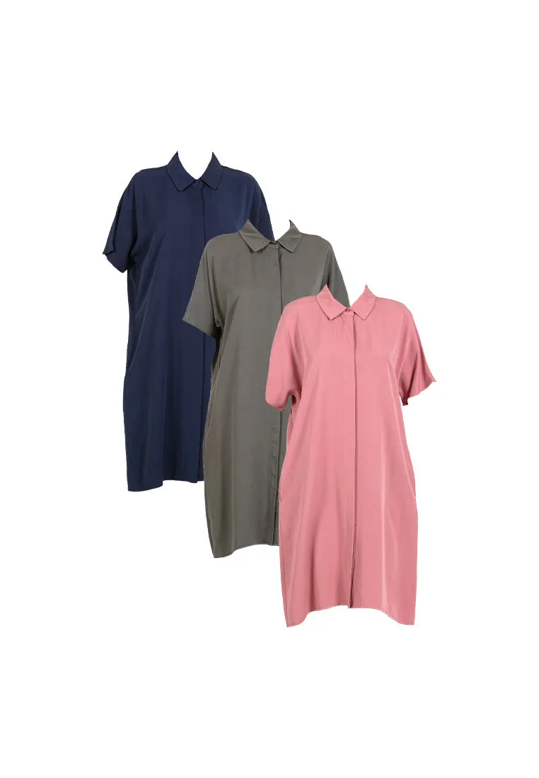 Forest Ladies Rayon Lyocell Plain Shirt Dress Women Short Sleeve Shirt Dress| Baju Kemeja Perempuan - 885078
