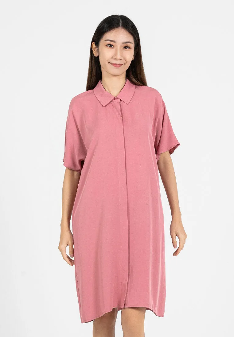 Forest Ladies Rayon Lyocell Plain Shirt Dress Women Short Sleeve Shirt Dress| Baju Kemeja Perempuan - 885078