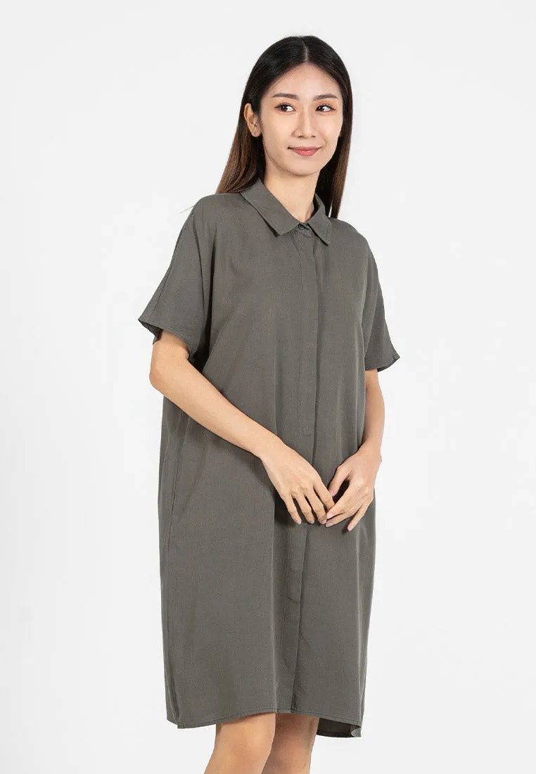 Forest Ladies Rayon Lyocell Plain Shirt Dress Women Short Sleeve Shirt Dress| Baju Kemeja Perempuan - 885078