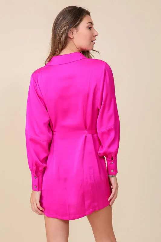 Fuchsia Button Down Shirt Dress With Tie