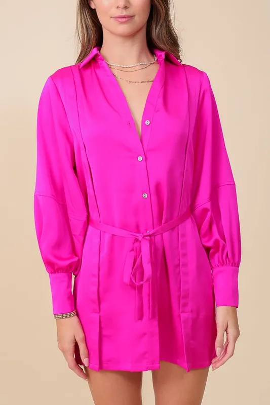 Fuchsia Button Down Shirt Dress With Tie