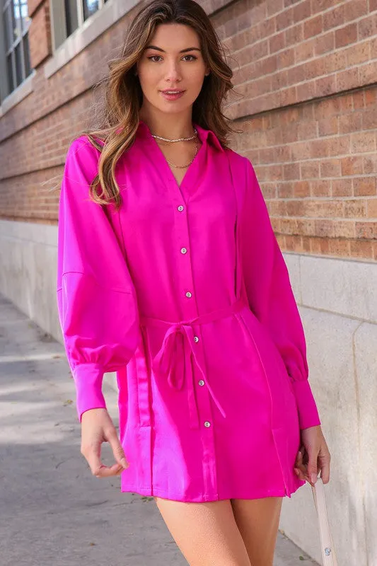 Fuchsia Button Down Shirt Dress With Tie