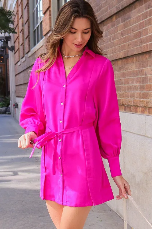 Fuchsia Button Down Shirt Dress With Tie