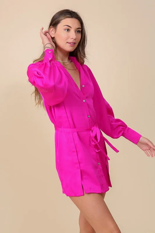 Fuchsia Button Down Shirt Dress With Tie