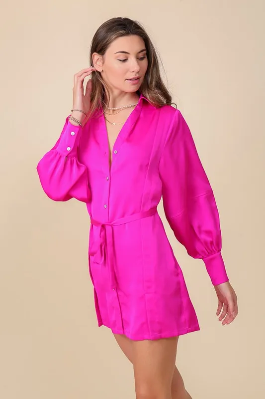 Fuchsia Button Down Shirt Dress With Tie