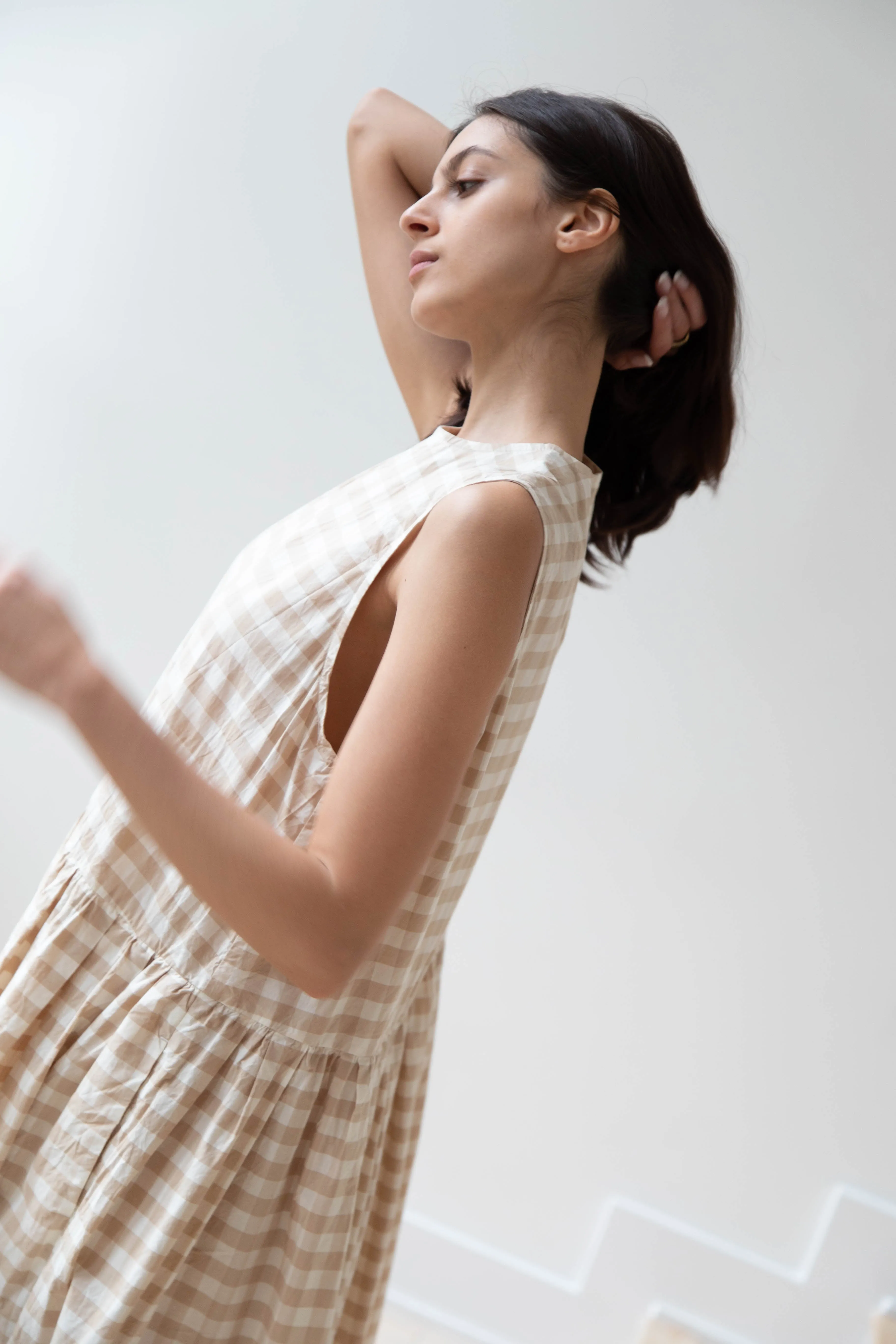 Gauze | Gingham Sleeveless Dress in Beige & White