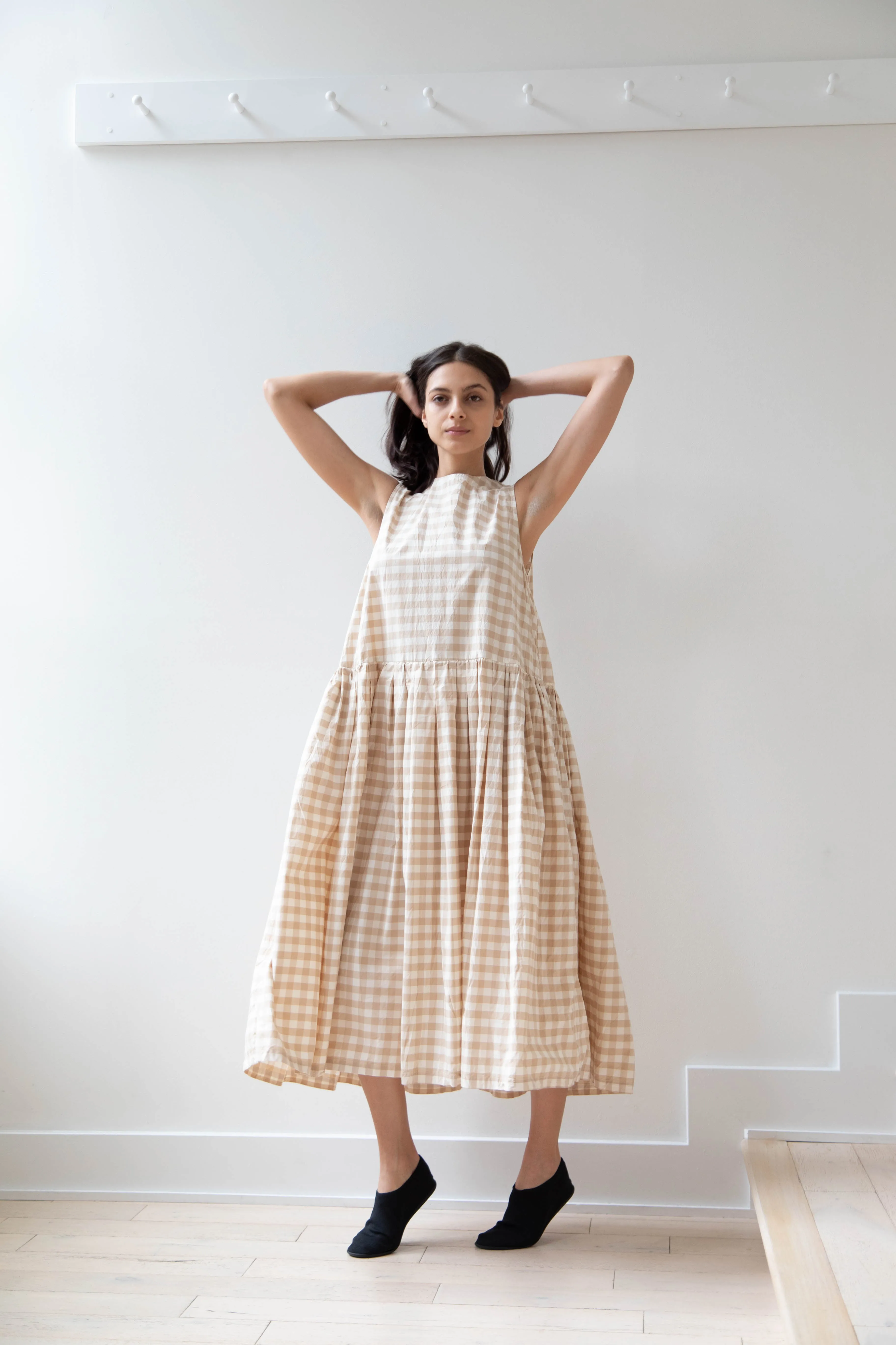 Gauze | Gingham Sleeveless Dress in Beige & White