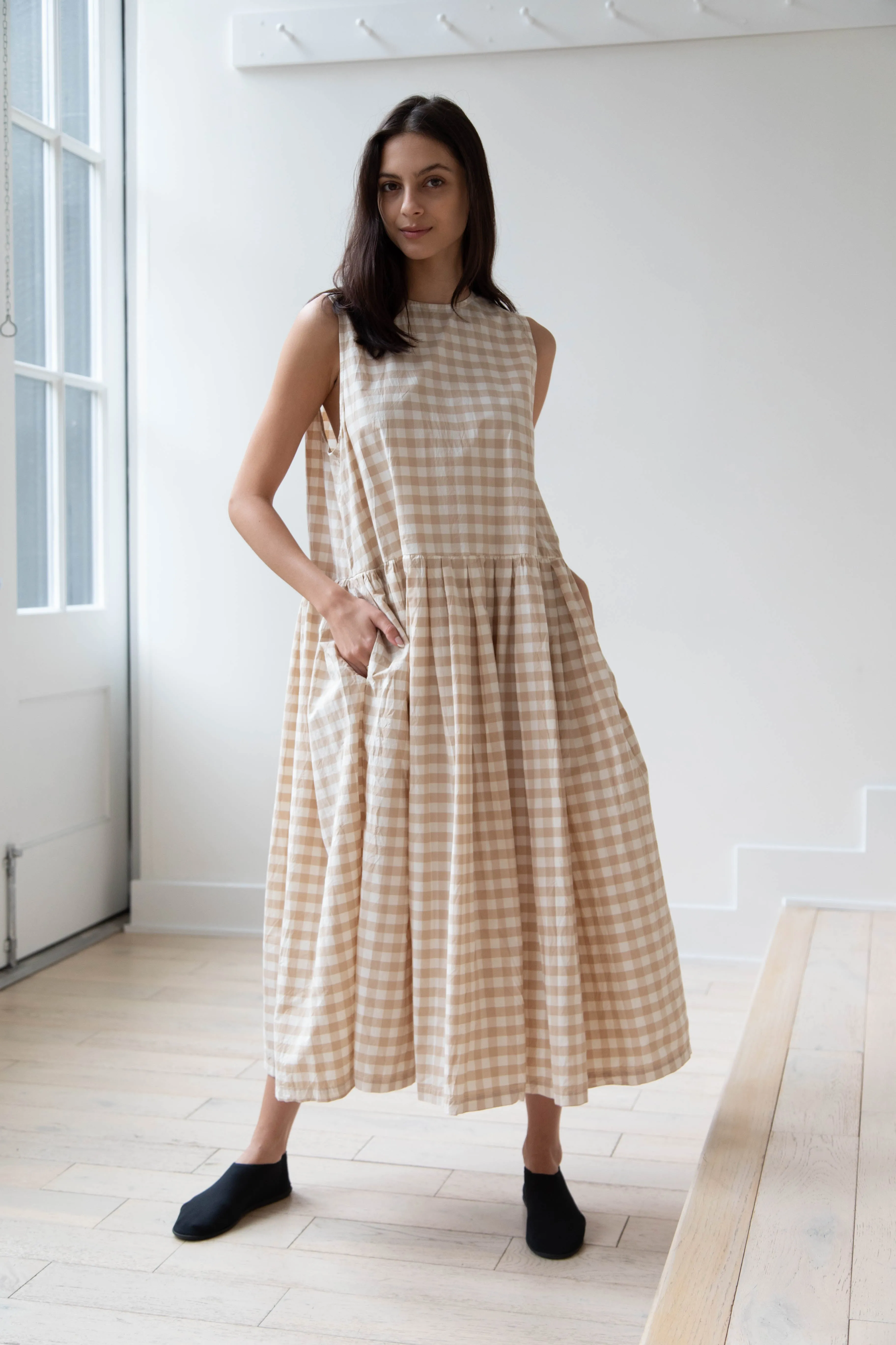 Gauze | Gingham Sleeveless Dress in Beige & White