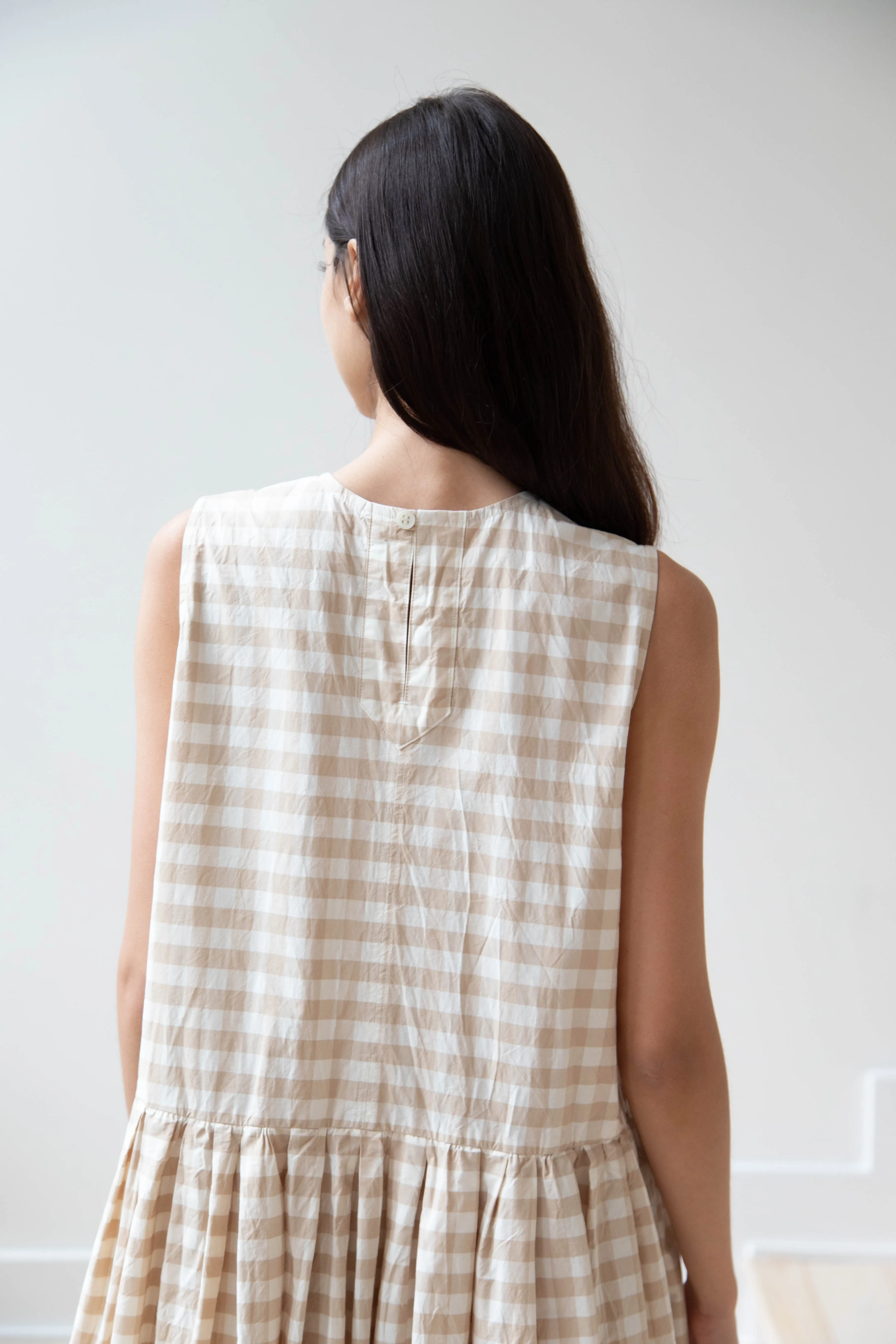 Gauze | Gingham Sleeveless Dress in Beige & White