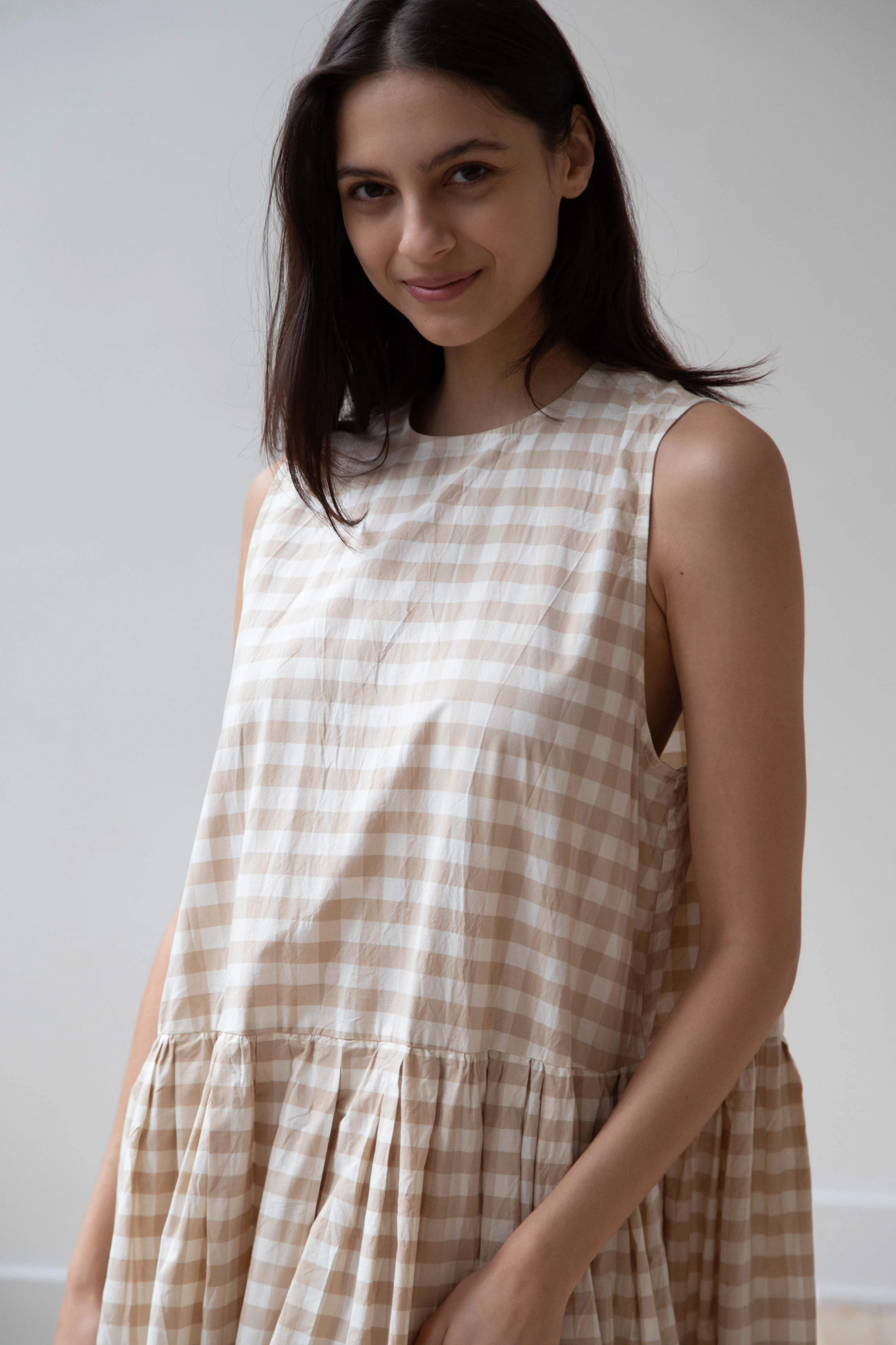 Gauze | Gingham Sleeveless Dress in Beige & White