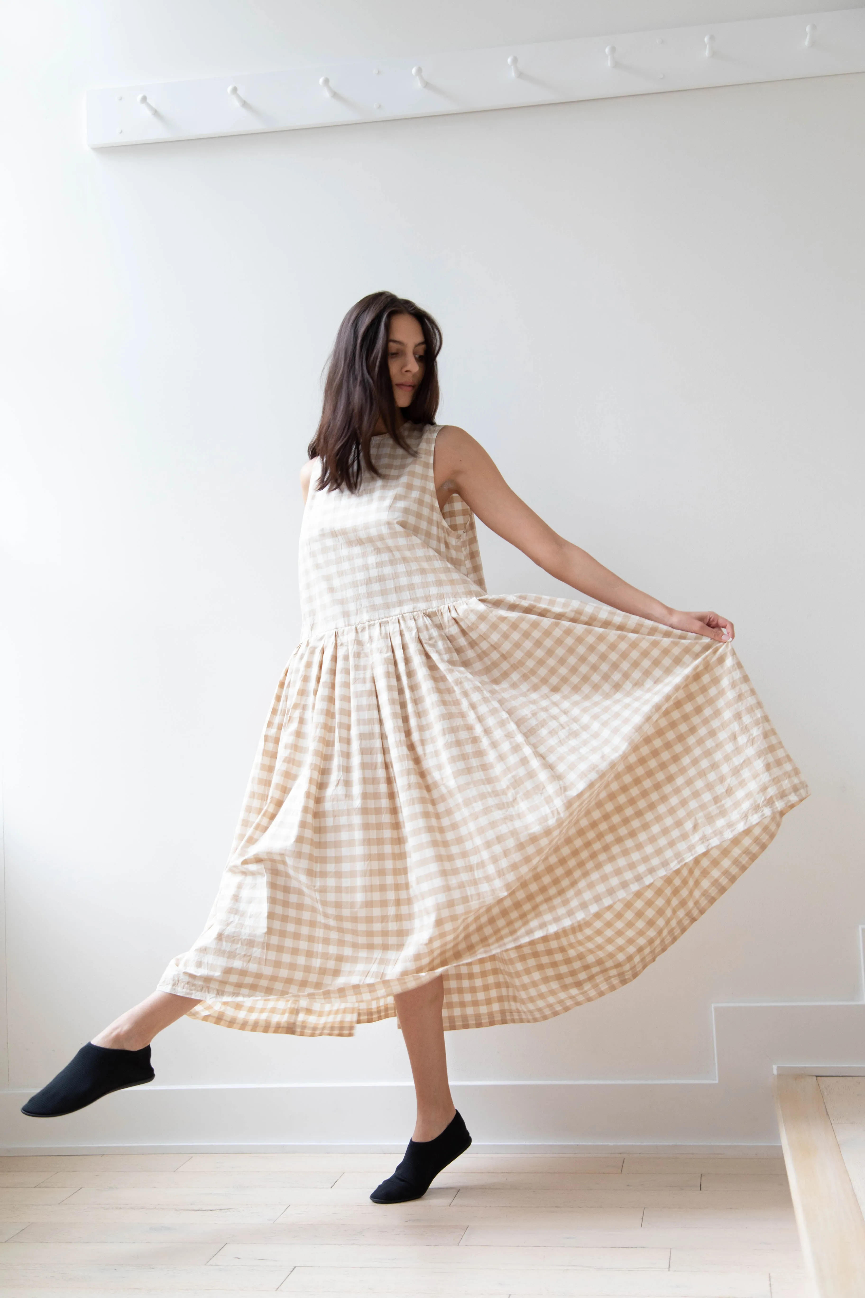 Gauze | Gingham Sleeveless Dress in Beige & White