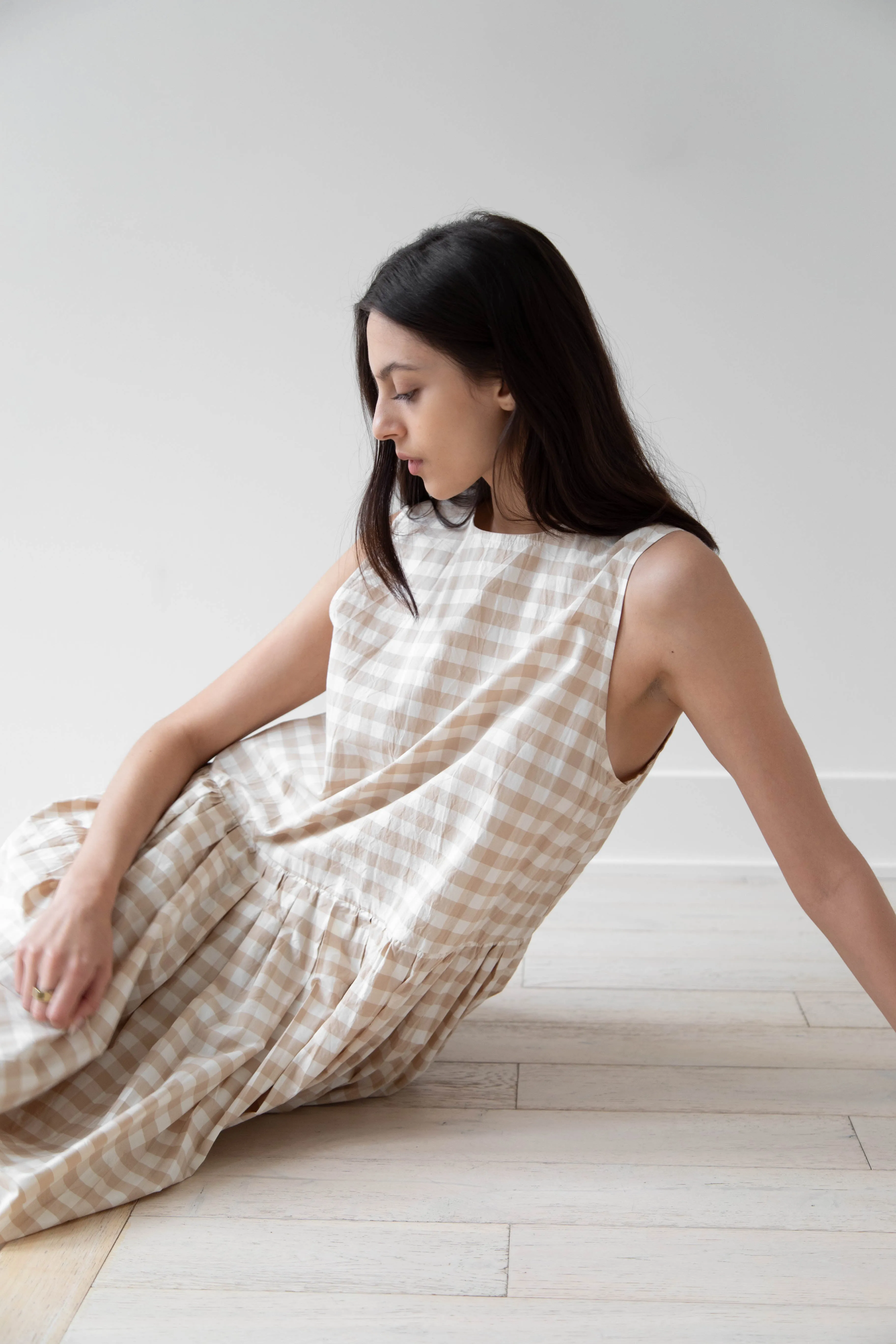 Gauze | Gingham Sleeveless Dress in Beige & White