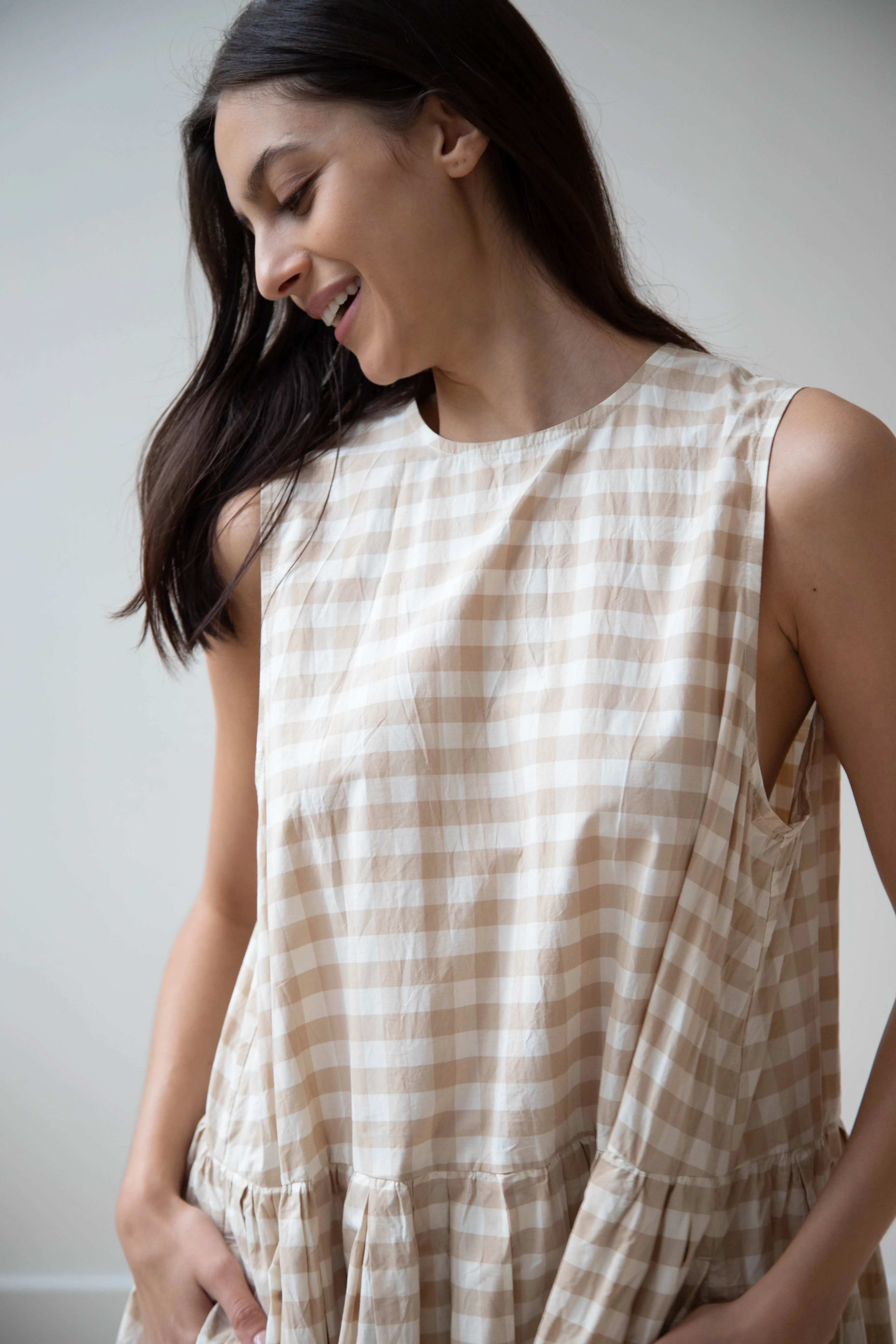 Gauze | Gingham Sleeveless Dress in Beige & White
