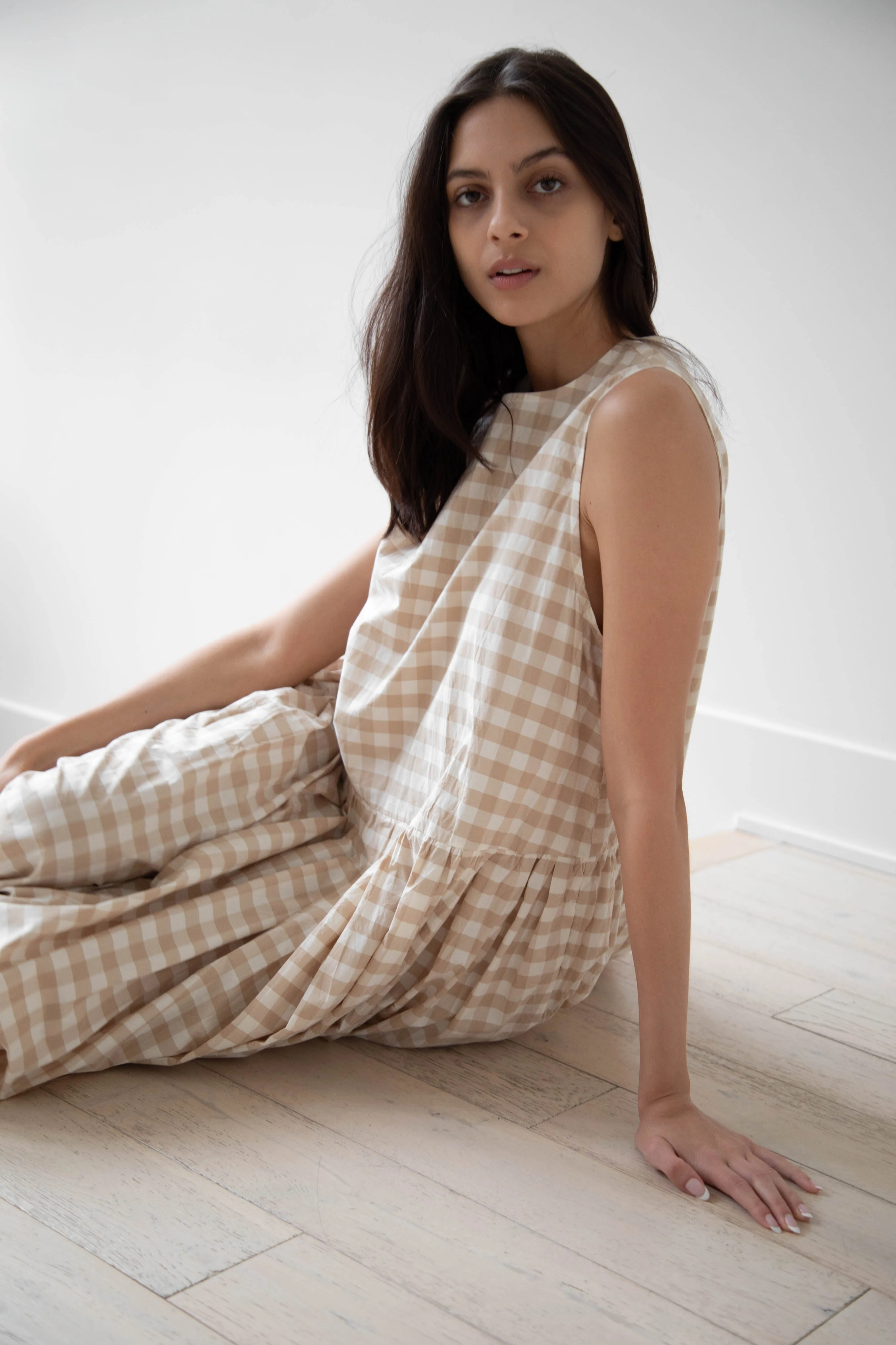 Gauze | Gingham Sleeveless Dress in Beige & White