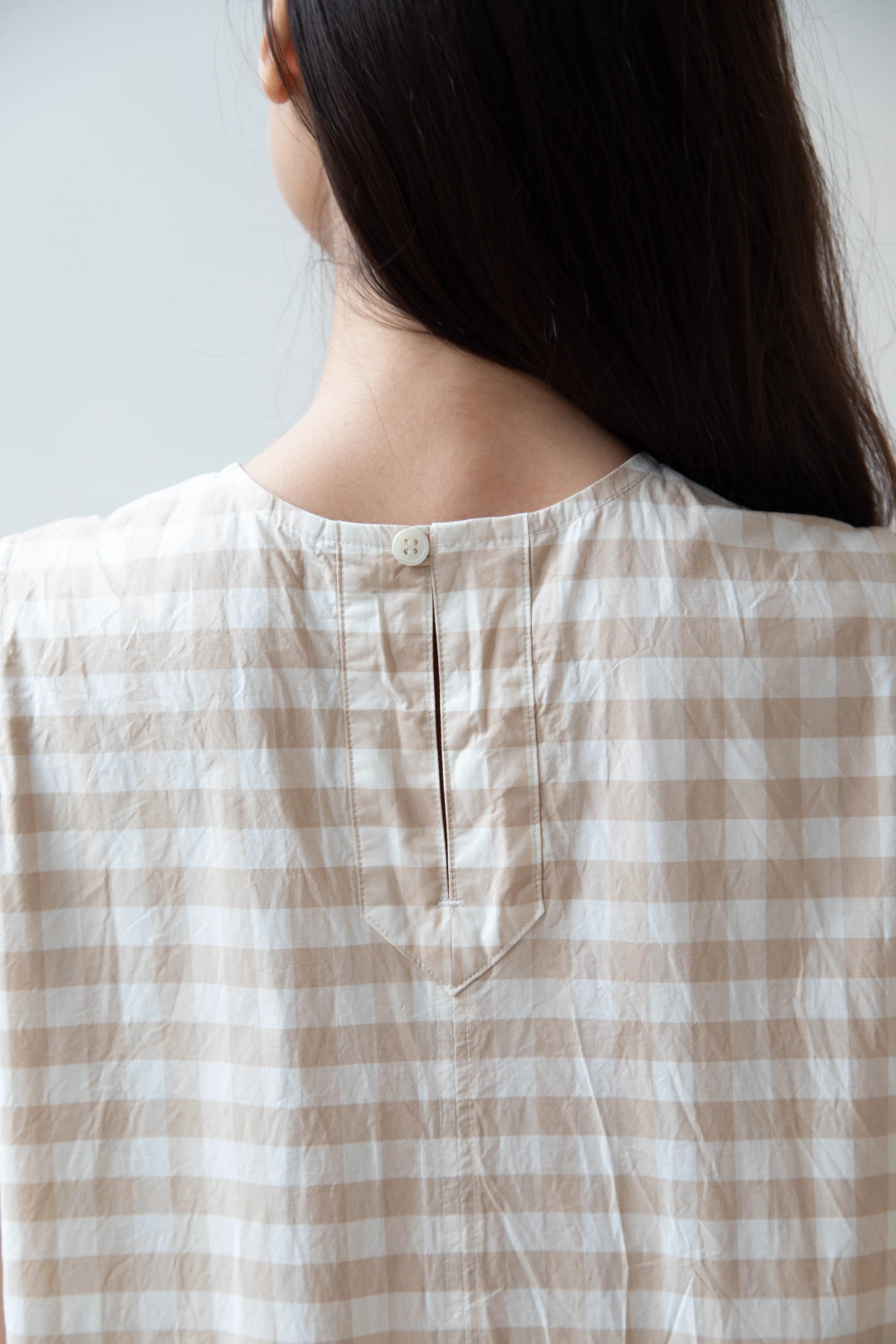 Gauze | Gingham Sleeveless Dress in Beige & White