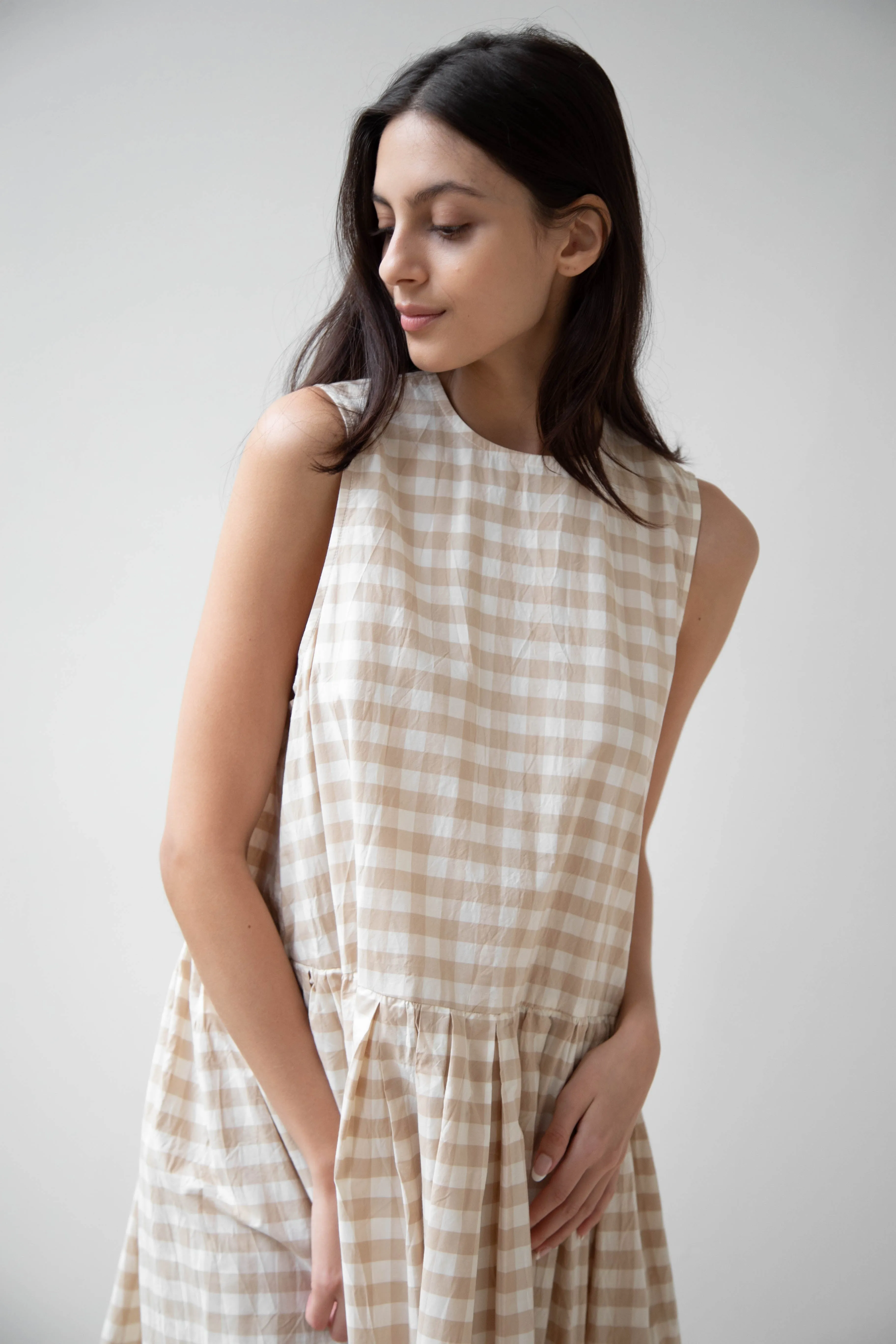 Gauze | Gingham Sleeveless Dress in Beige & White