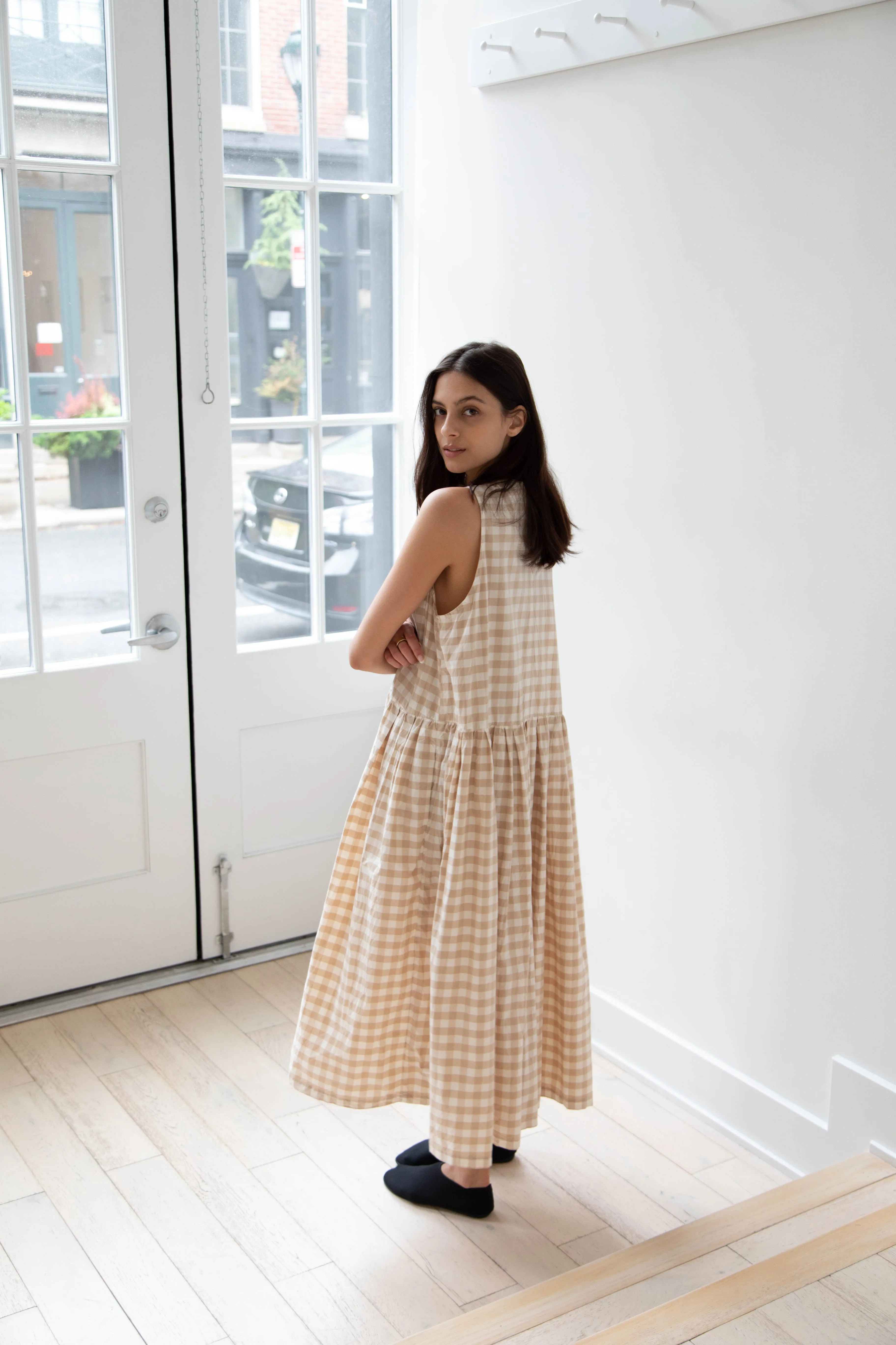 Gauze | Gingham Sleeveless Dress in Beige & White