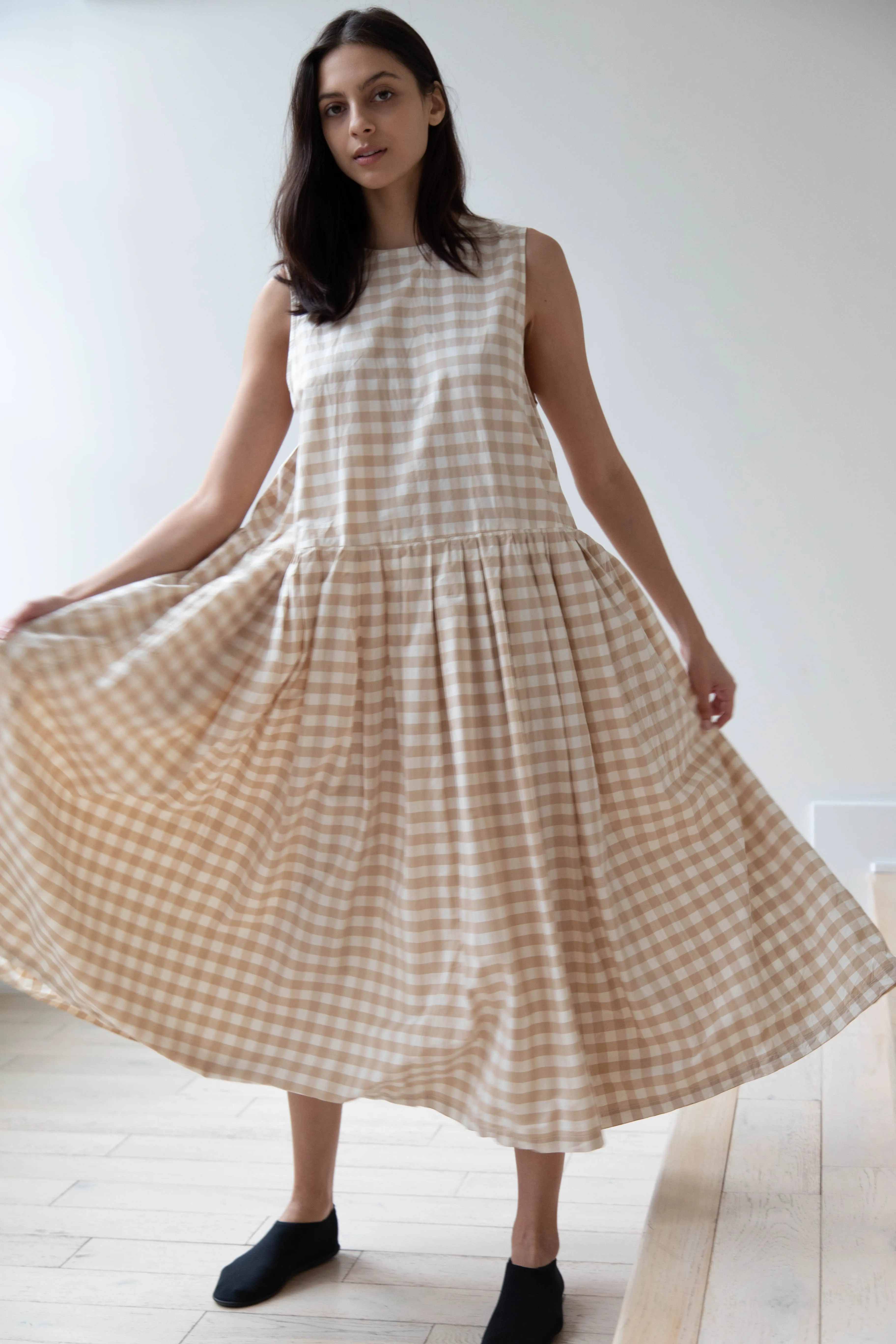 Gauze | Gingham Sleeveless Dress in Beige & White