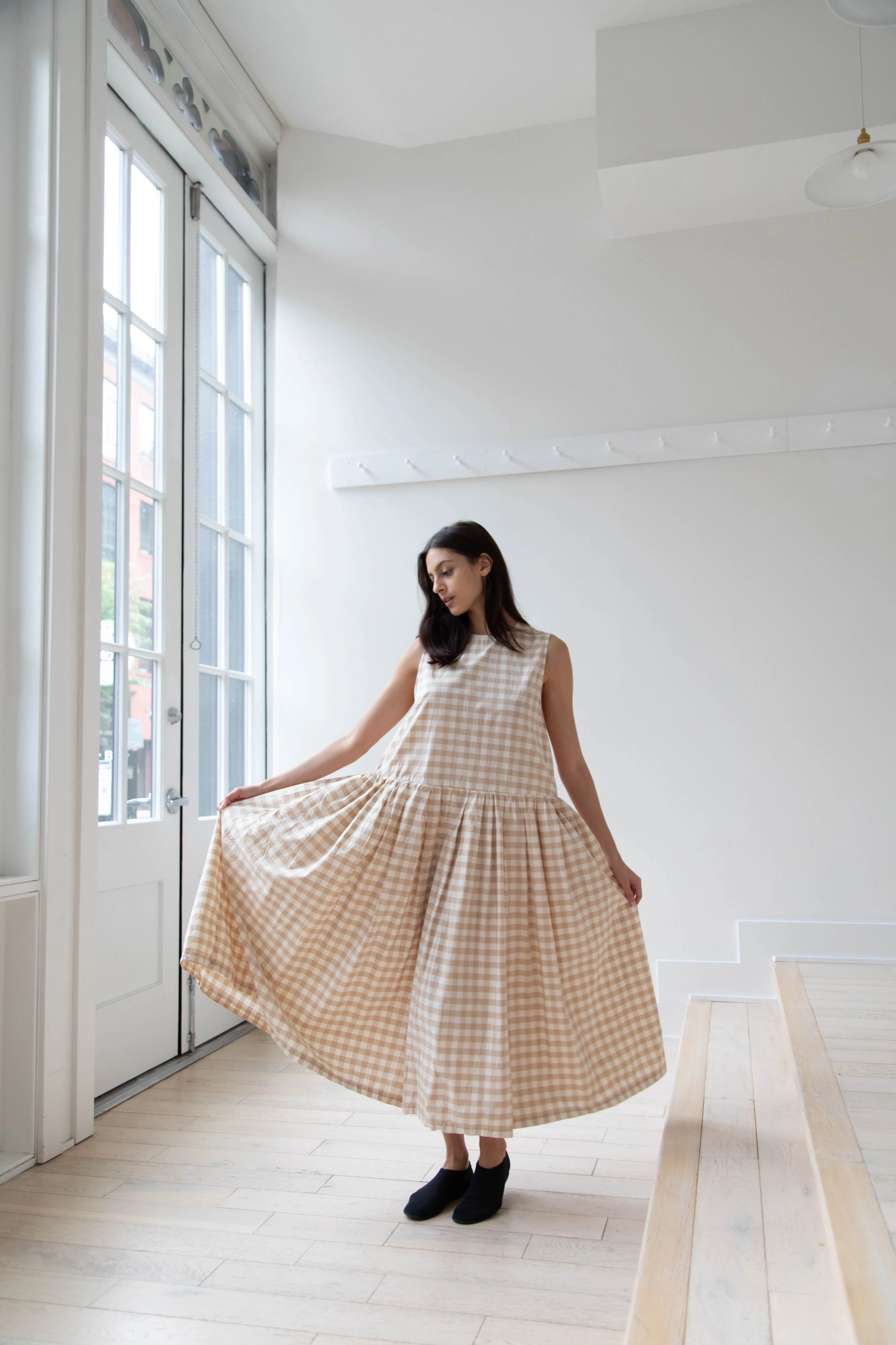 Gauze | Gingham Sleeveless Dress in Beige & White