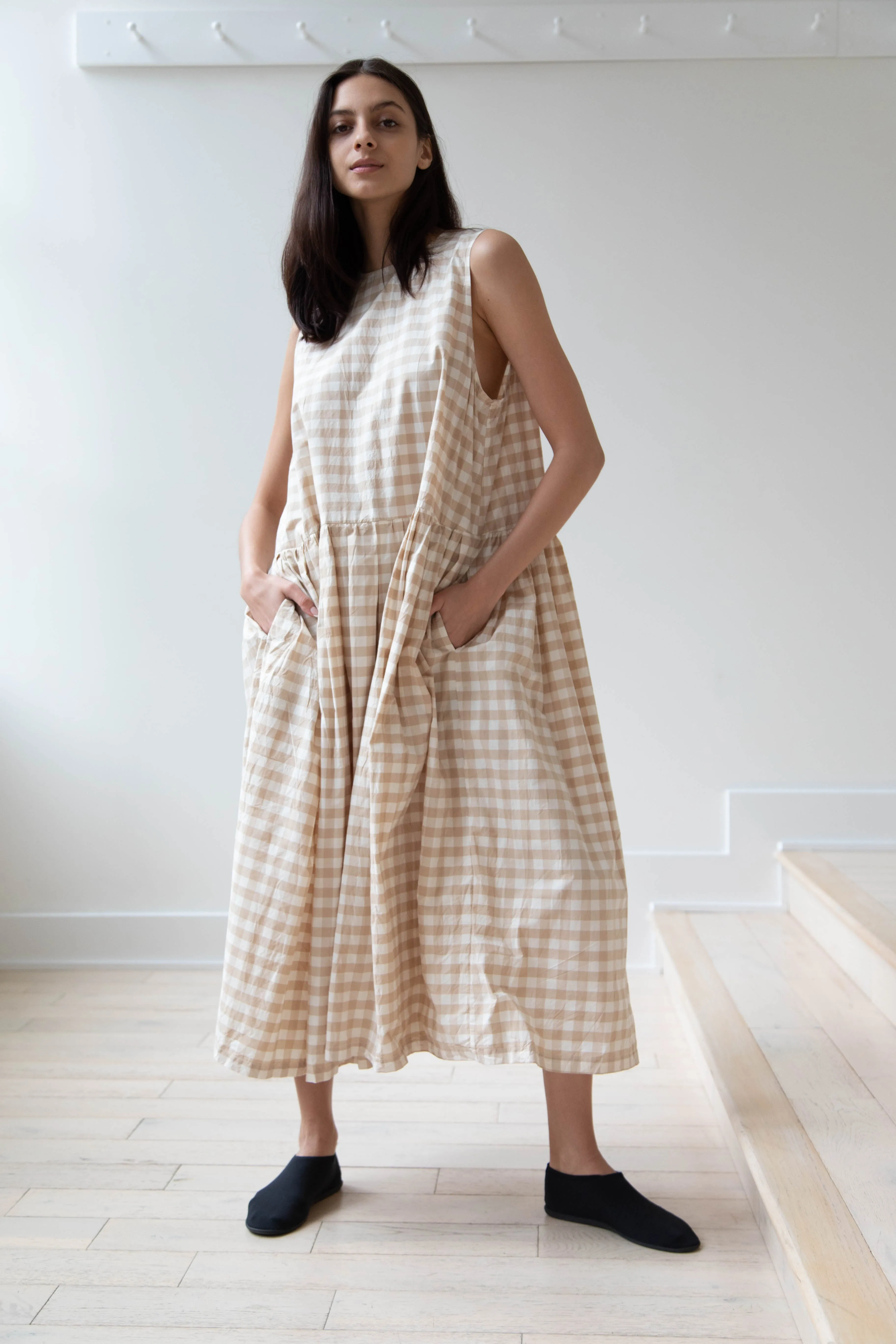 Gauze | Gingham Sleeveless Dress in Beige & White