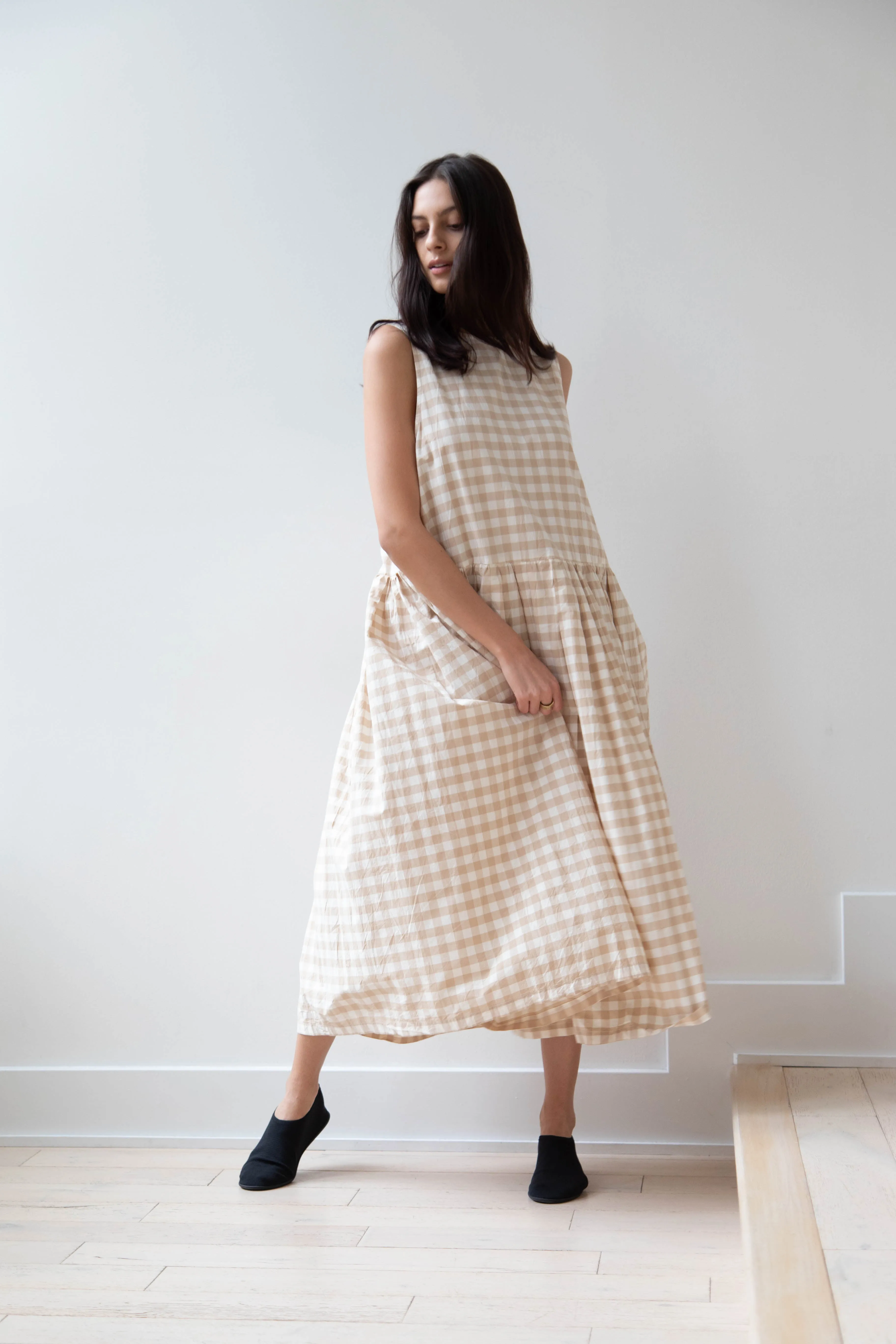 Gauze | Gingham Sleeveless Dress in Beige & White