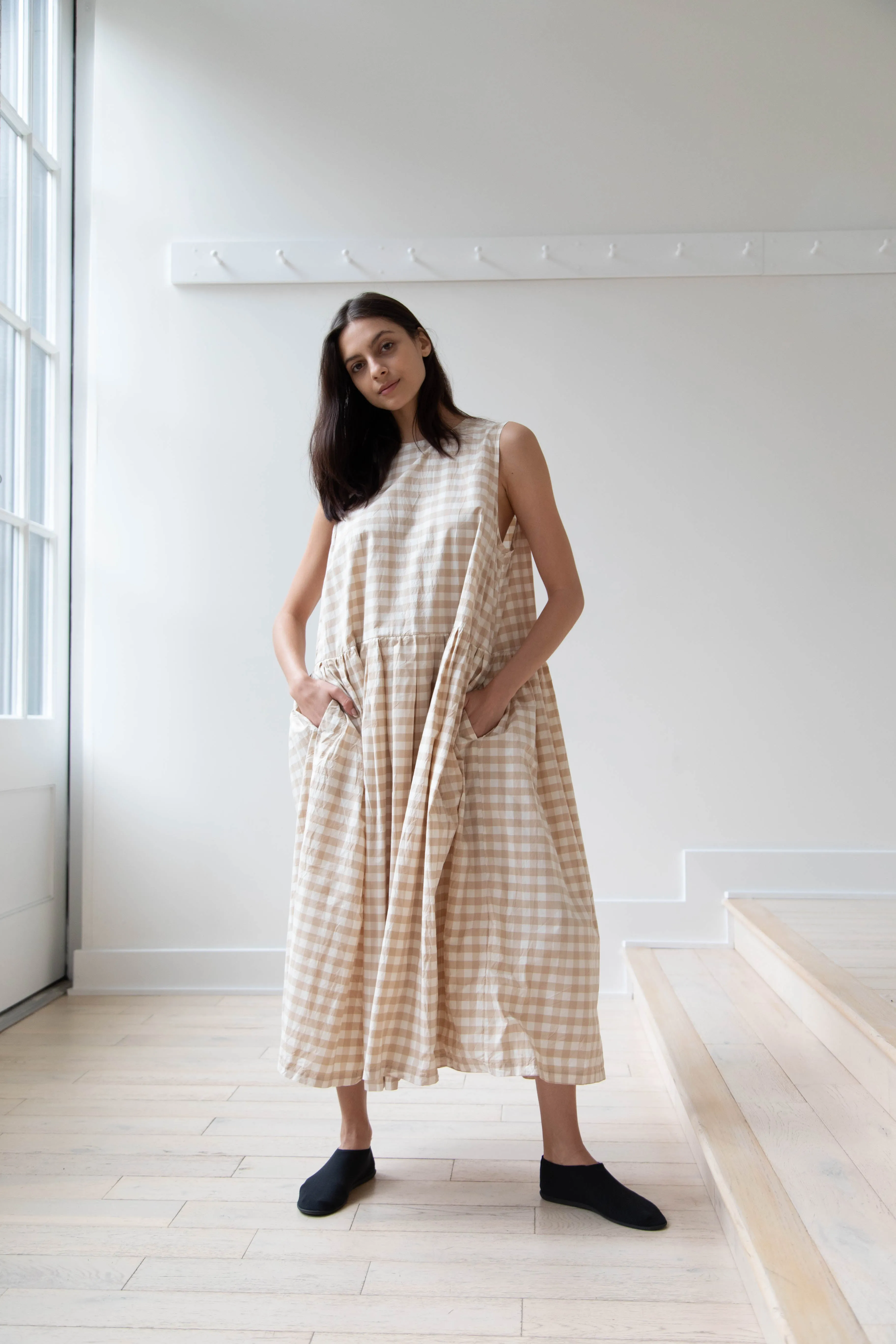 Gauze | Gingham Sleeveless Dress in Beige & White