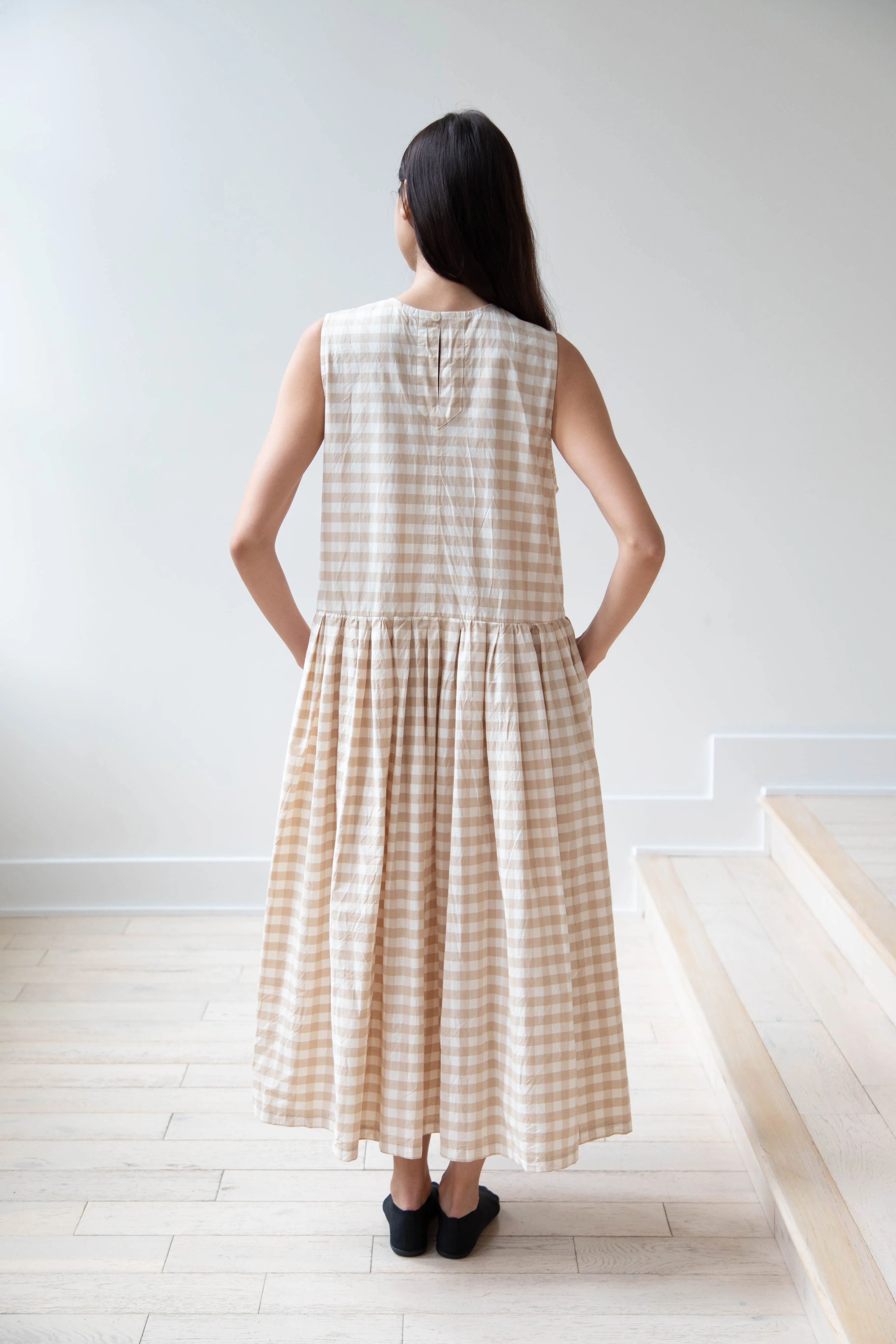 Gauze | Gingham Sleeveless Dress in Beige & White
