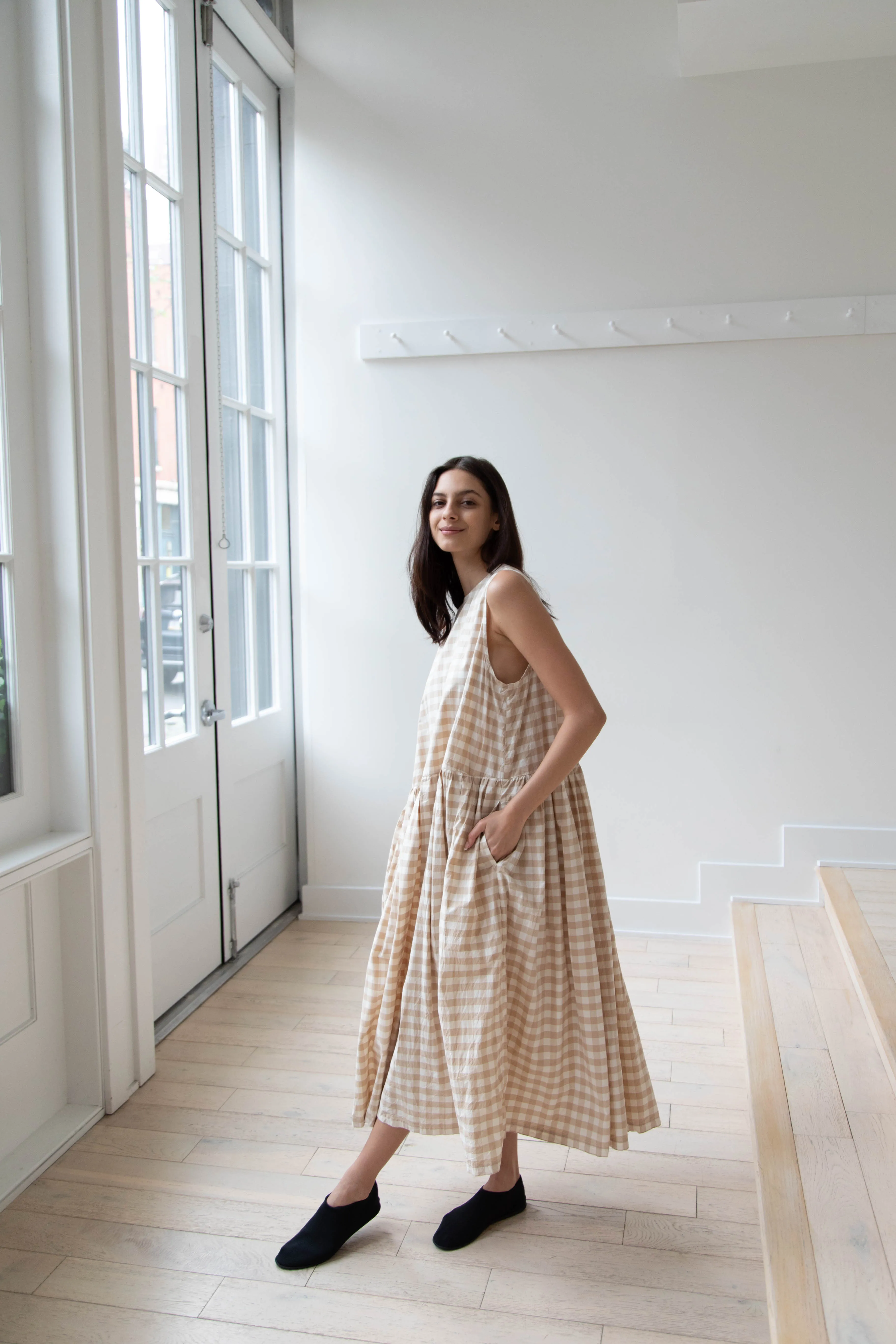 Gauze | Gingham Sleeveless Dress in Beige & White