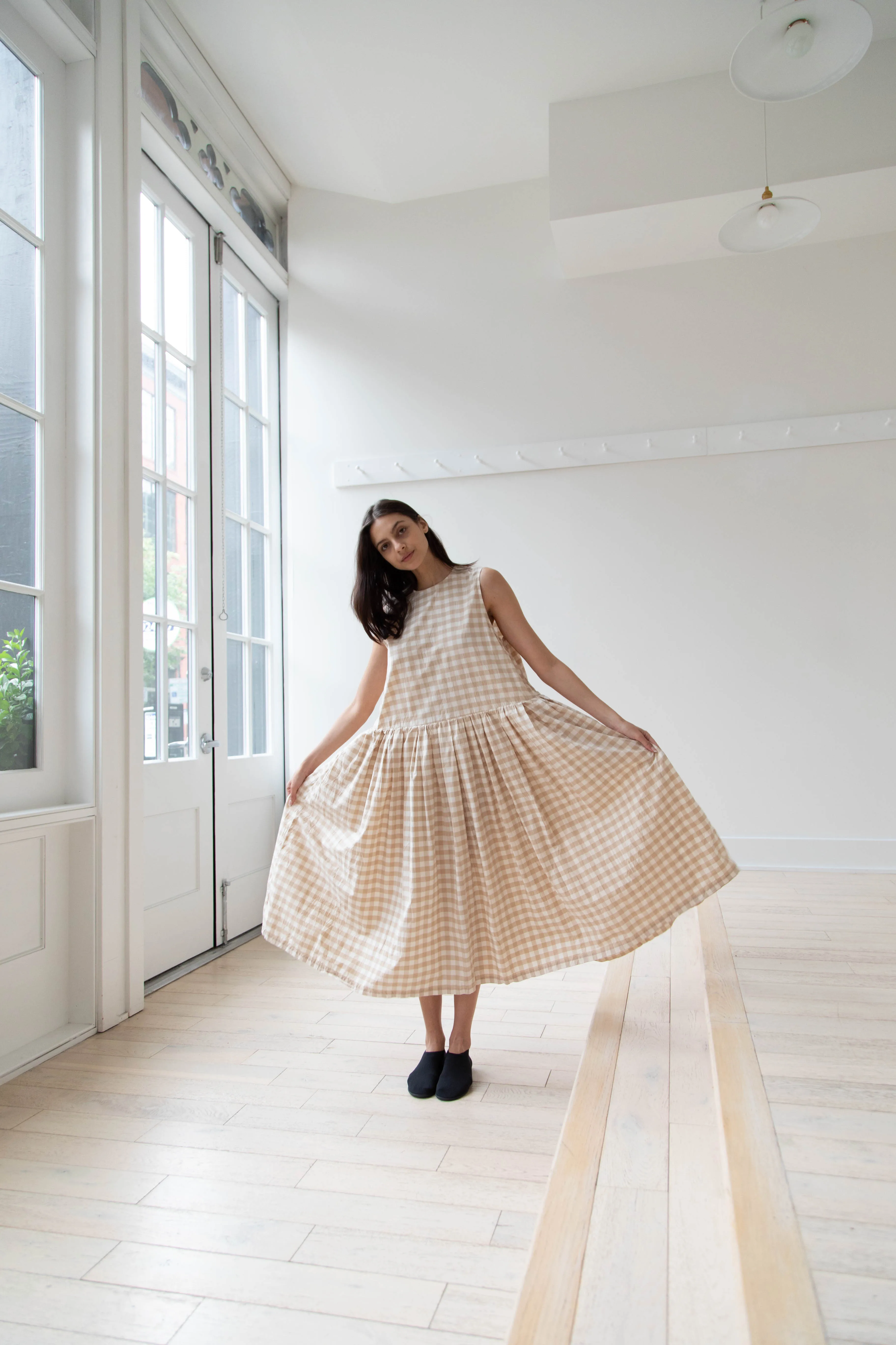 Gauze | Gingham Sleeveless Dress in Beige & White