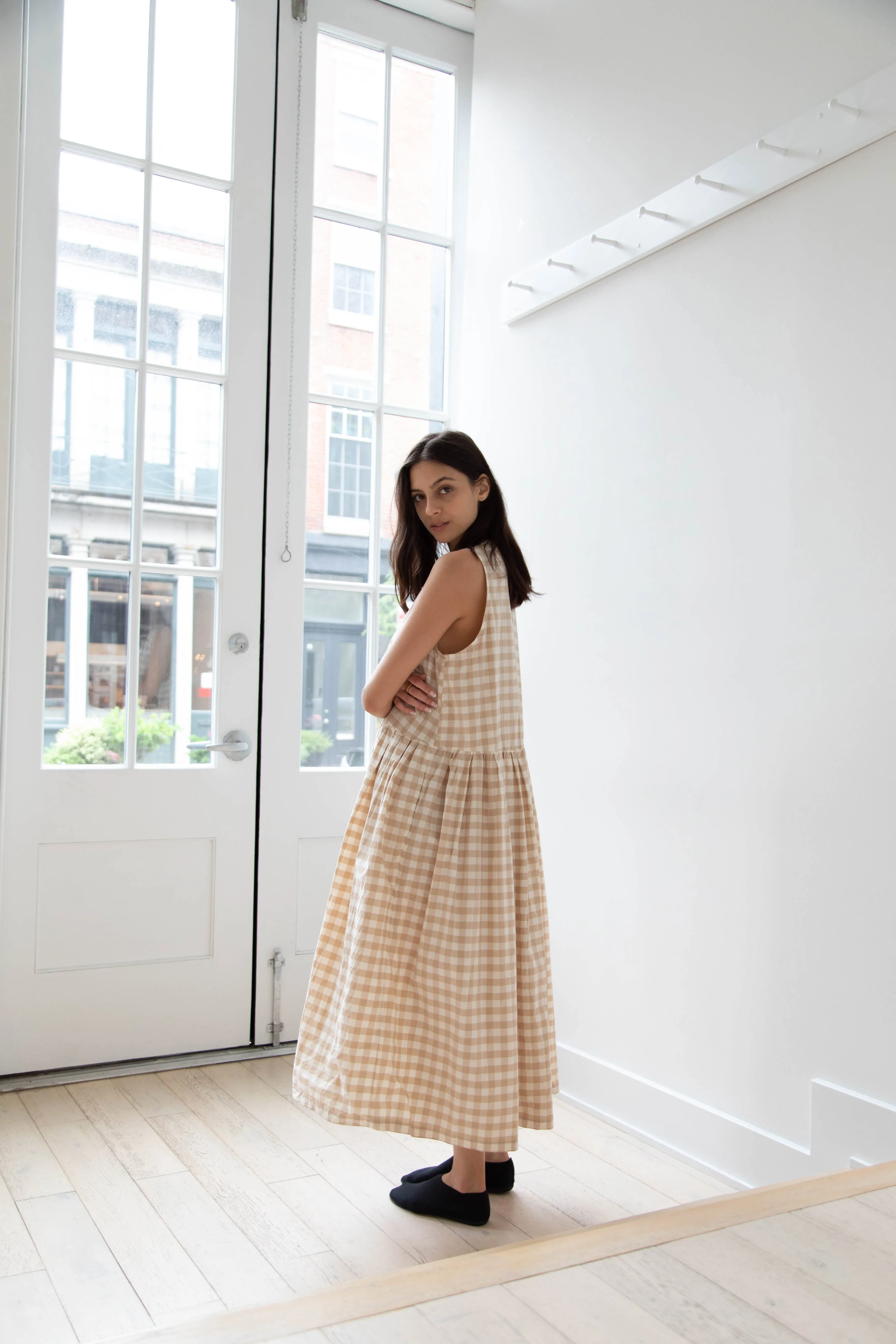 Gauze | Gingham Sleeveless Dress in Beige & White