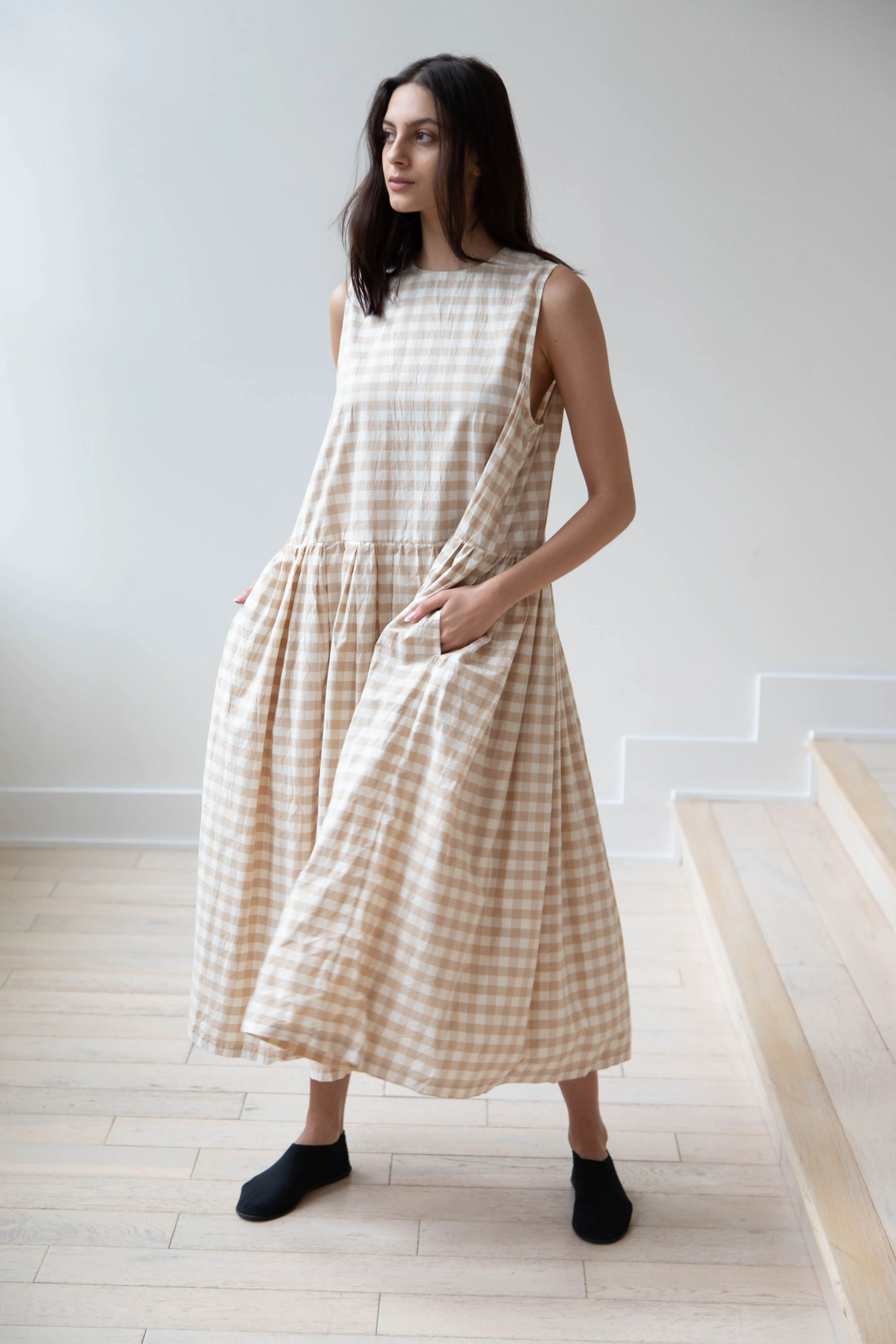 Gauze | Gingham Sleeveless Dress in Beige & White