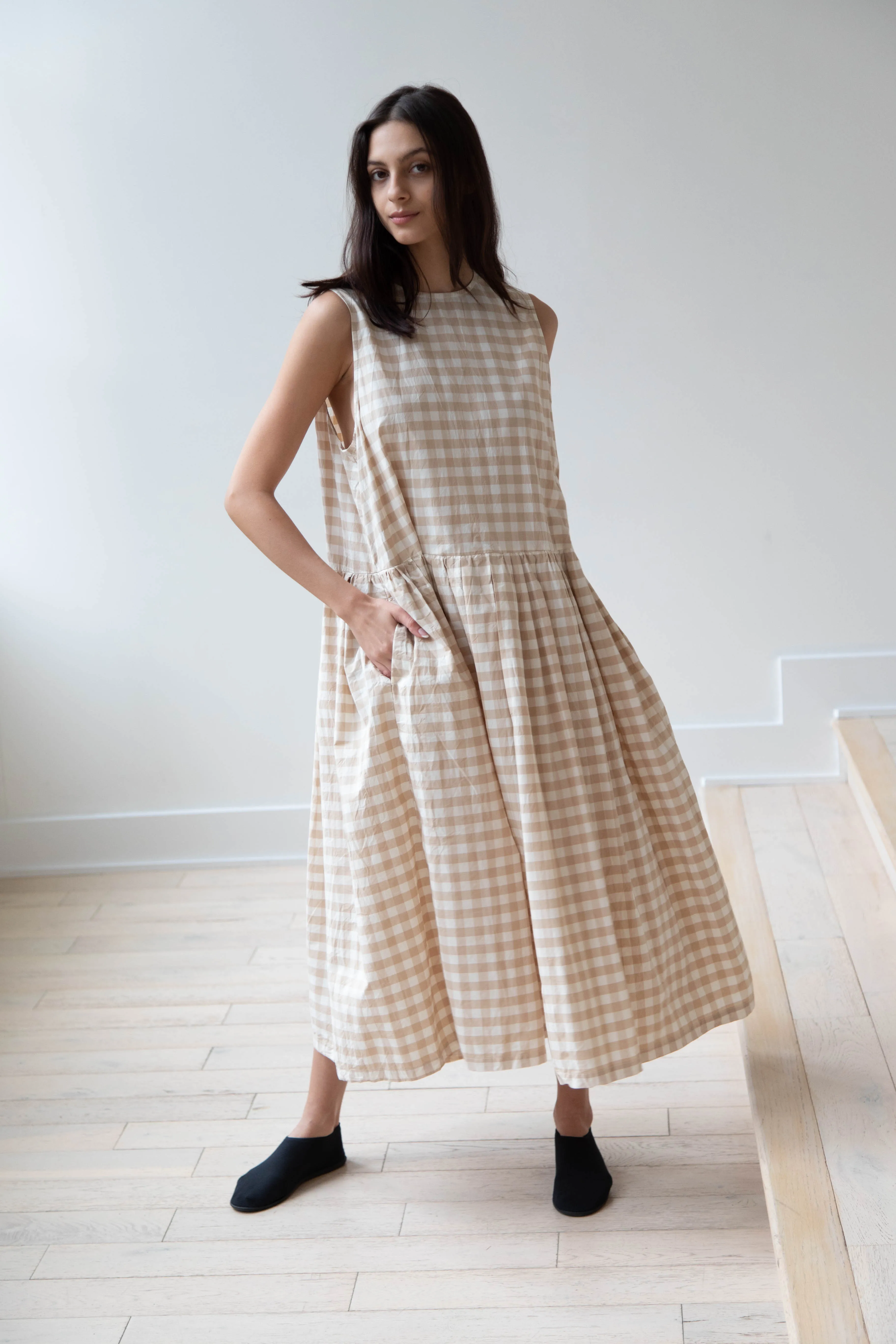 Gauze | Gingham Sleeveless Dress in Beige & White