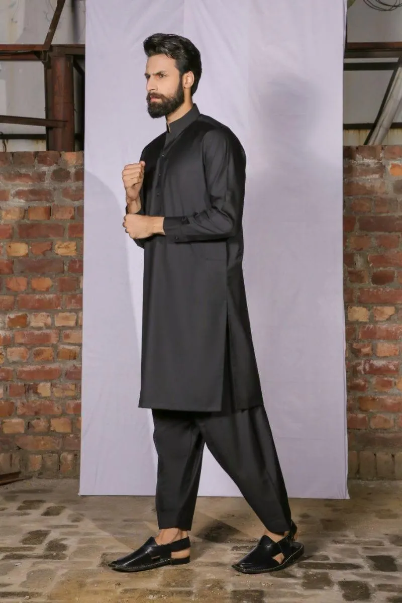 GEM Garments - Classic Black Shalwar Kameez Band Collar - 2 Piece