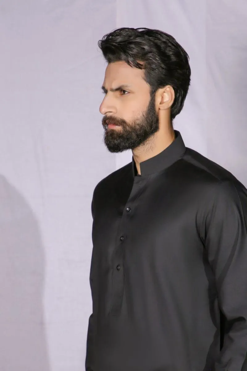 GEM Garments - Classic Black Shalwar Kameez Band Collar - 2 Piece