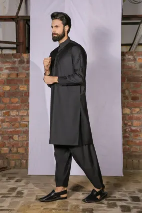 GEM Garments - Classic Black Shalwar Kameez Band Collar - 2 Piece