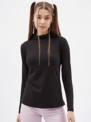 GESPO High Neck T-Shirts for Women Color-Black (Size-Large)