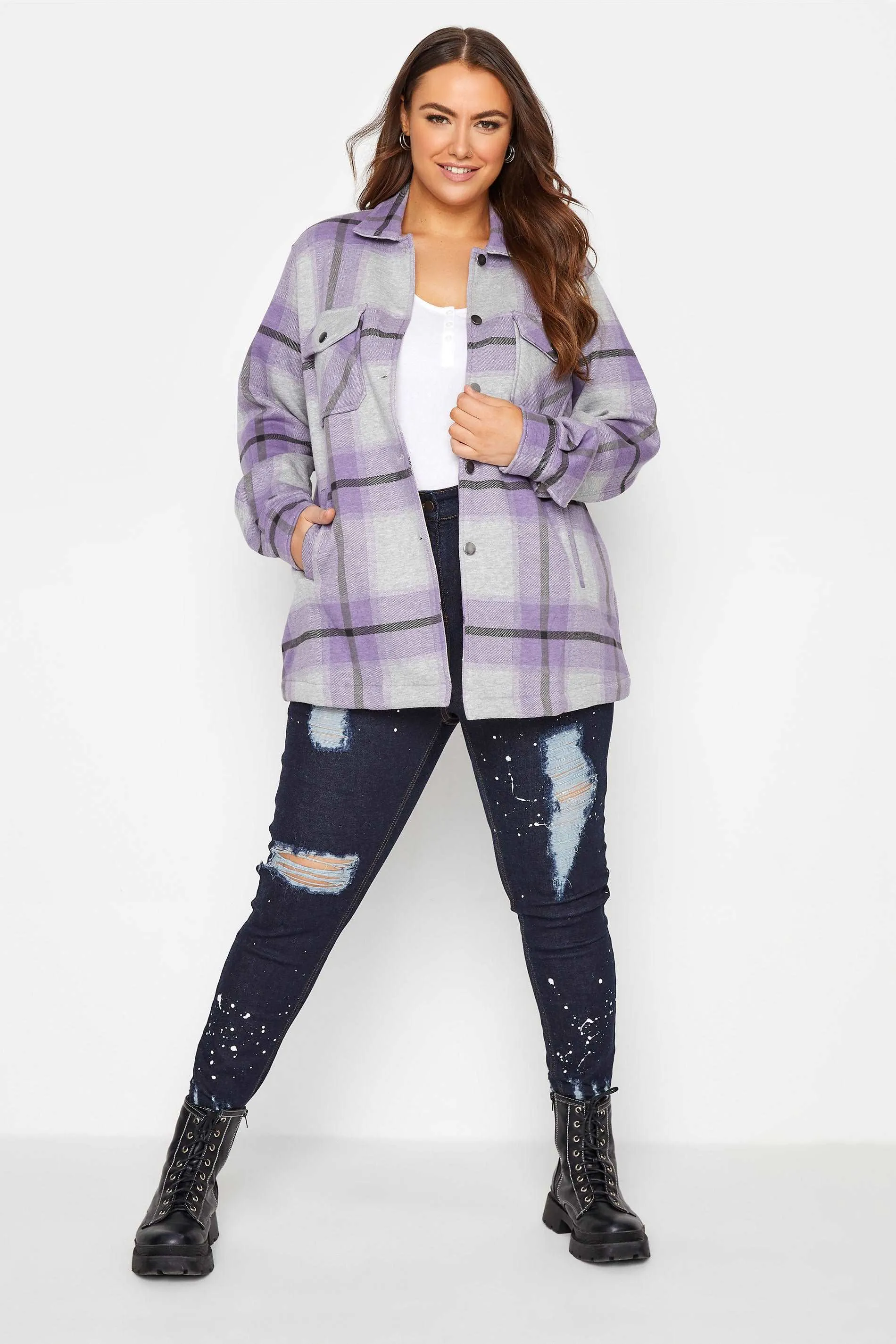 Grey Lilac Oversized check shacket For Her-2015