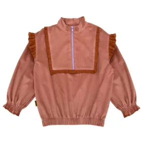 HEBE PINK CORDUROY RUFFLE TRIM ZIPPER TOP [Final Sale]
