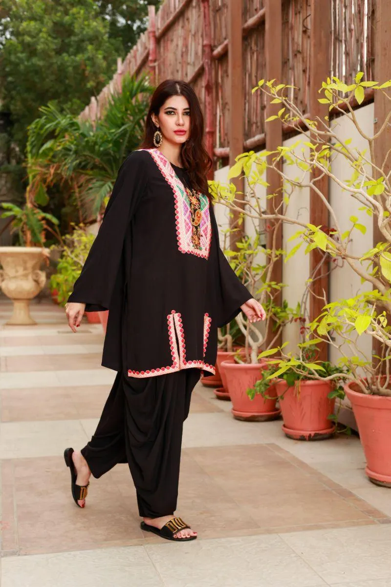 Huma Adnan - Black Rose - Linen - Black - 2 Piece - Stitched