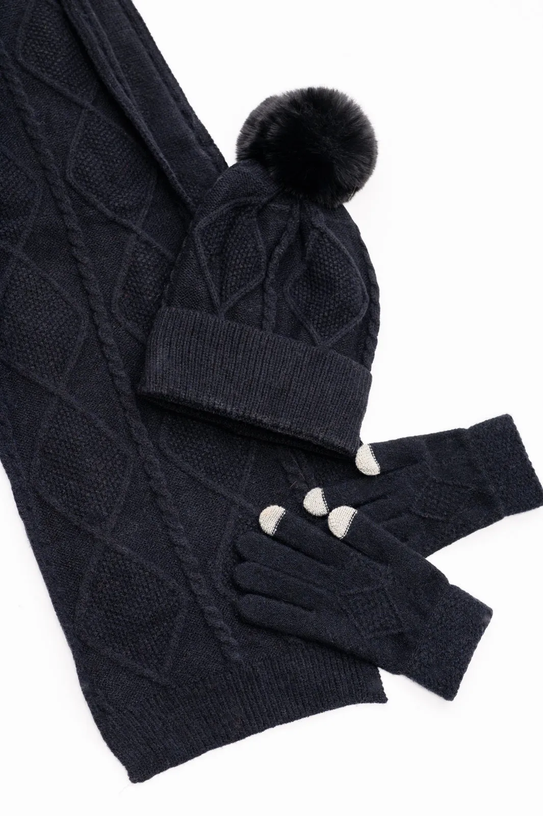 Jane Frost Beanie, Glove, and Scarf Set In Black - Gift Idea