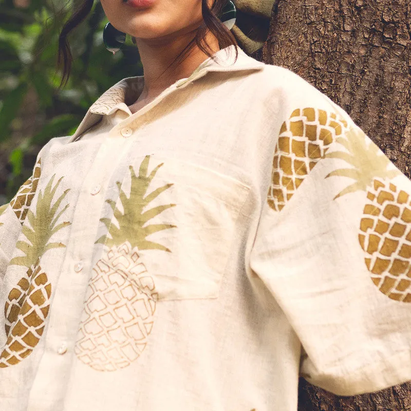 Kala Cotton Tropical Shirt For Women | Oversized | Pineapple Printed | Green