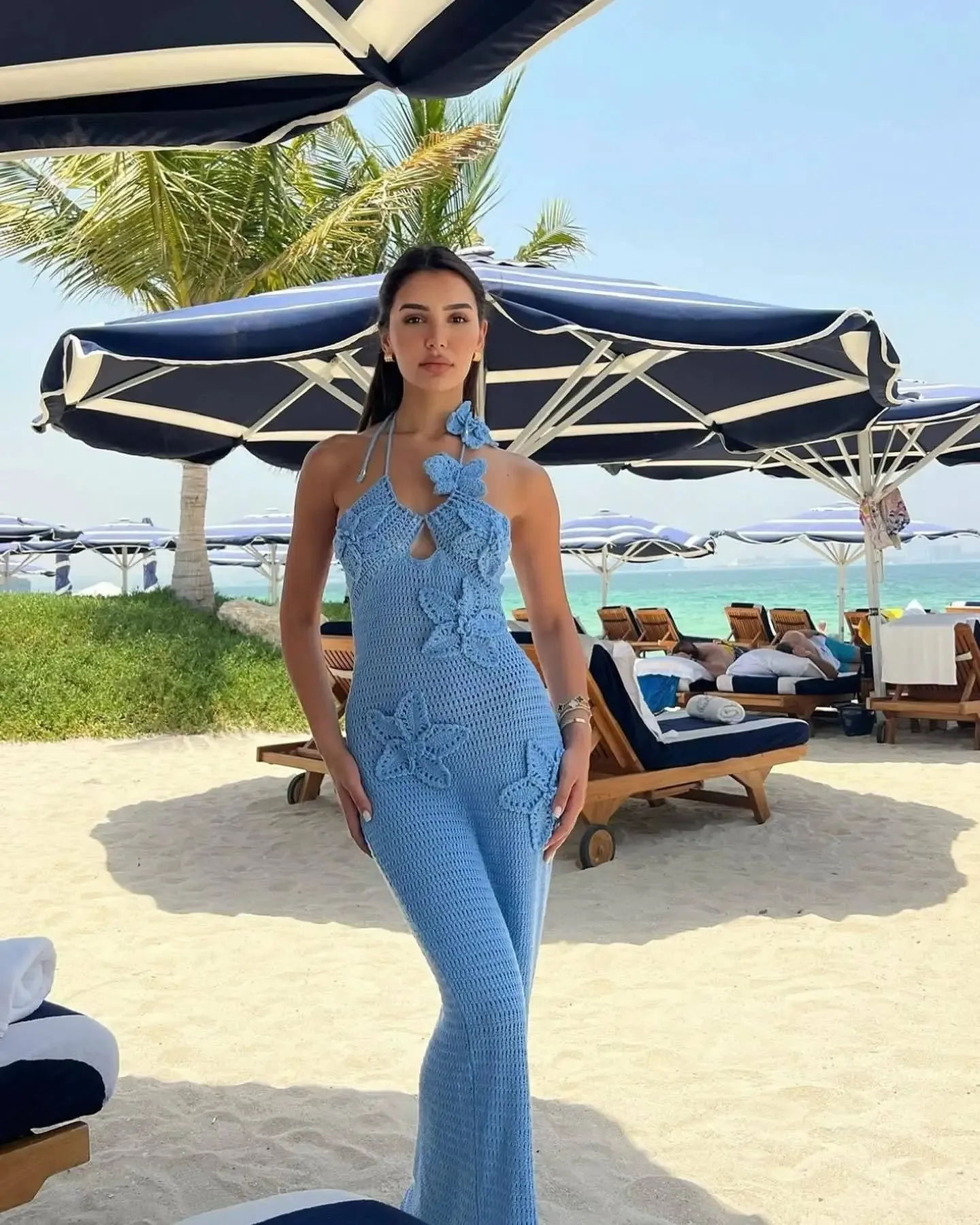 Knit Crochet Flower Applique Halter Maxi Dress