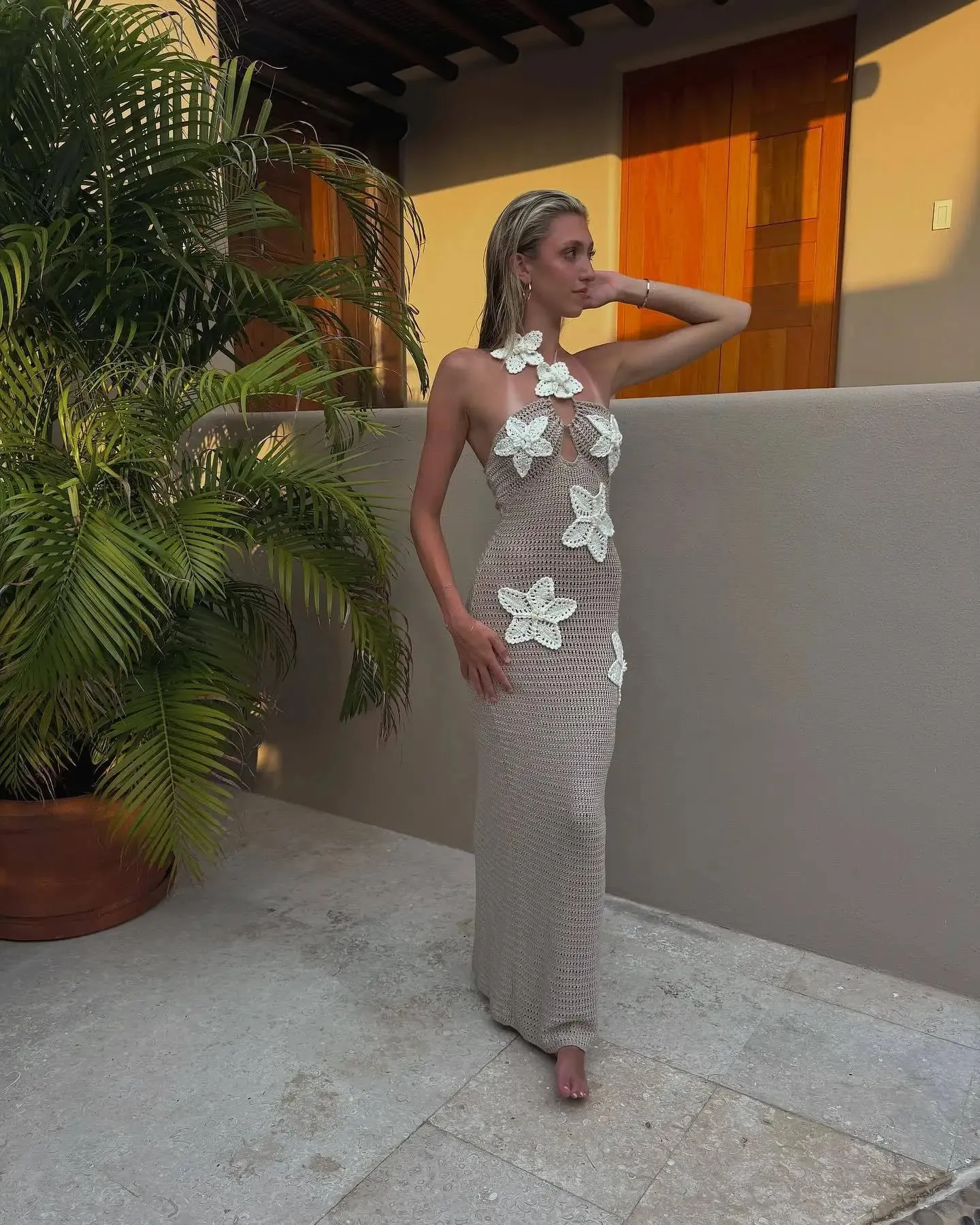 Knit Crochet Flower Applique Halter Maxi Dress