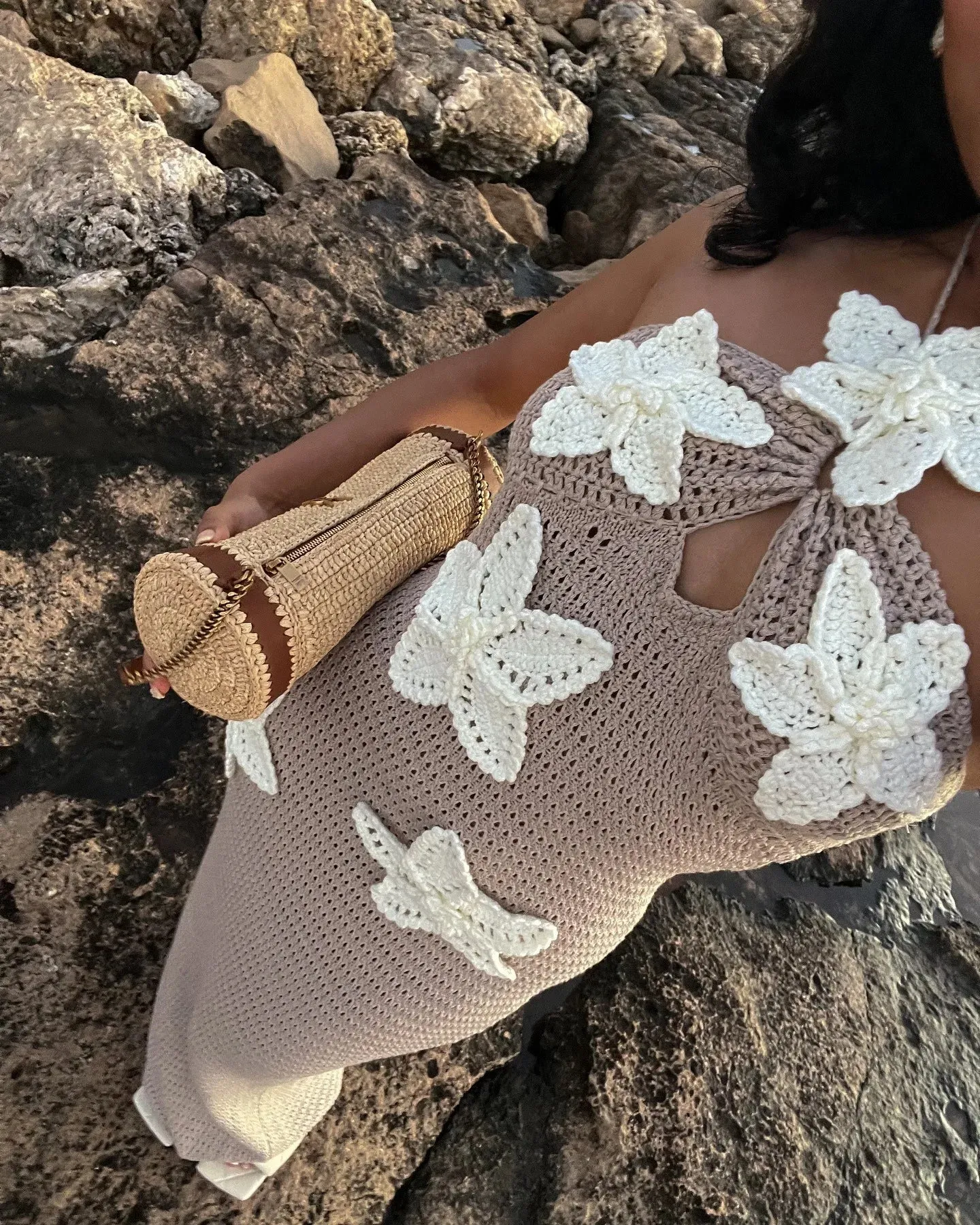 Knit Crochet Flower Applique Halter Maxi Dress