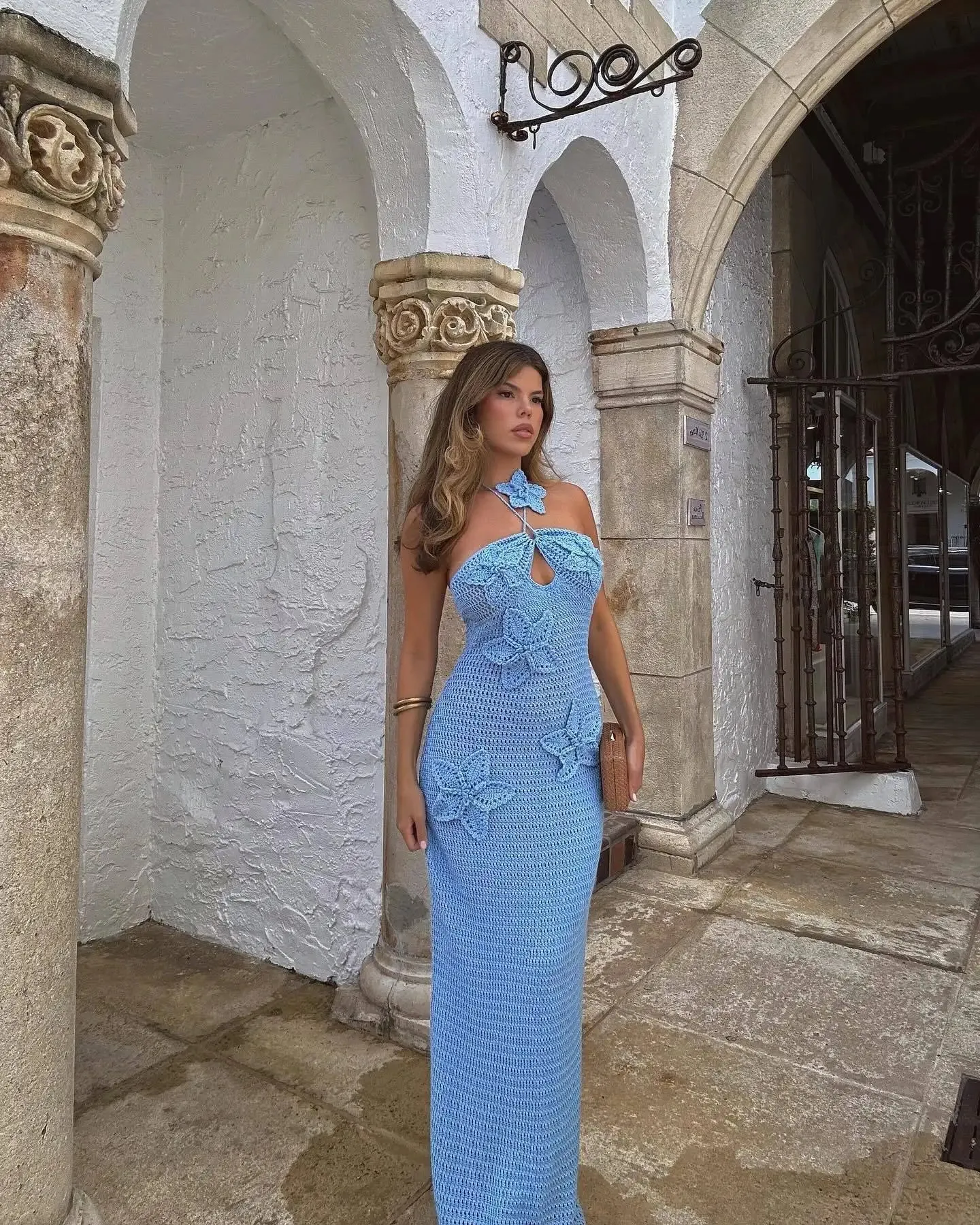 Knit Crochet Flower Applique Halter Maxi Dress