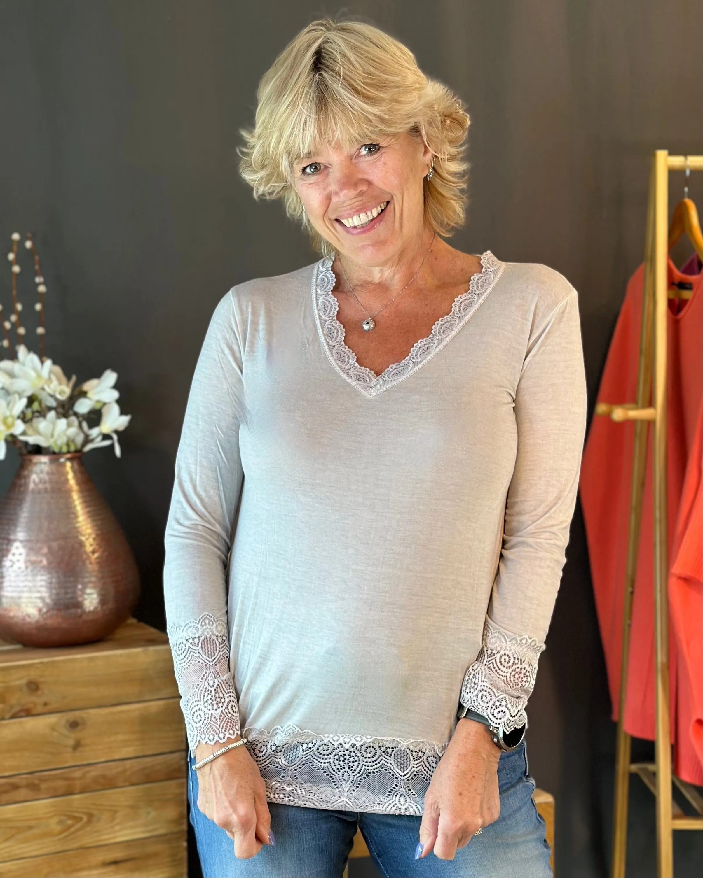 Lace Detail Long Sleeved Top - Silver Grey