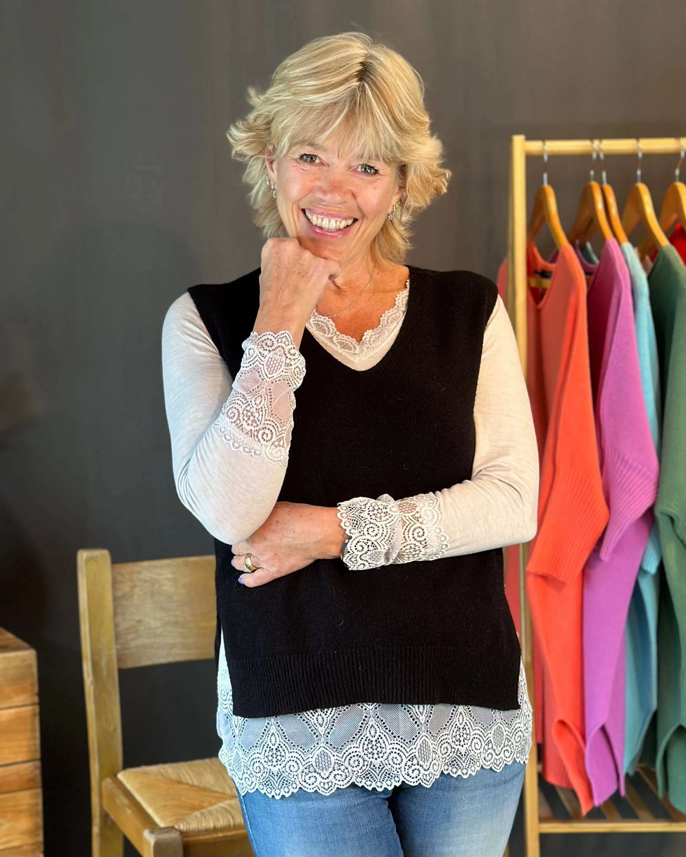 Lace Detail Long Sleeved Top - Silver Grey