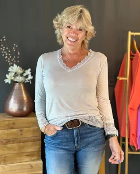 Lace Detail Long Sleeved Top - Silver Grey
