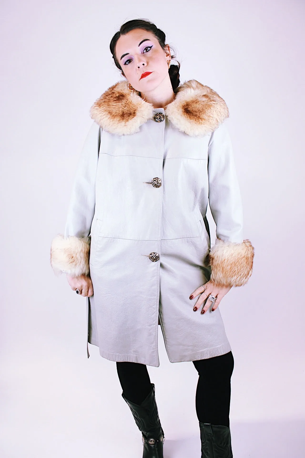 Leather Coat with Faux Fur Trim
