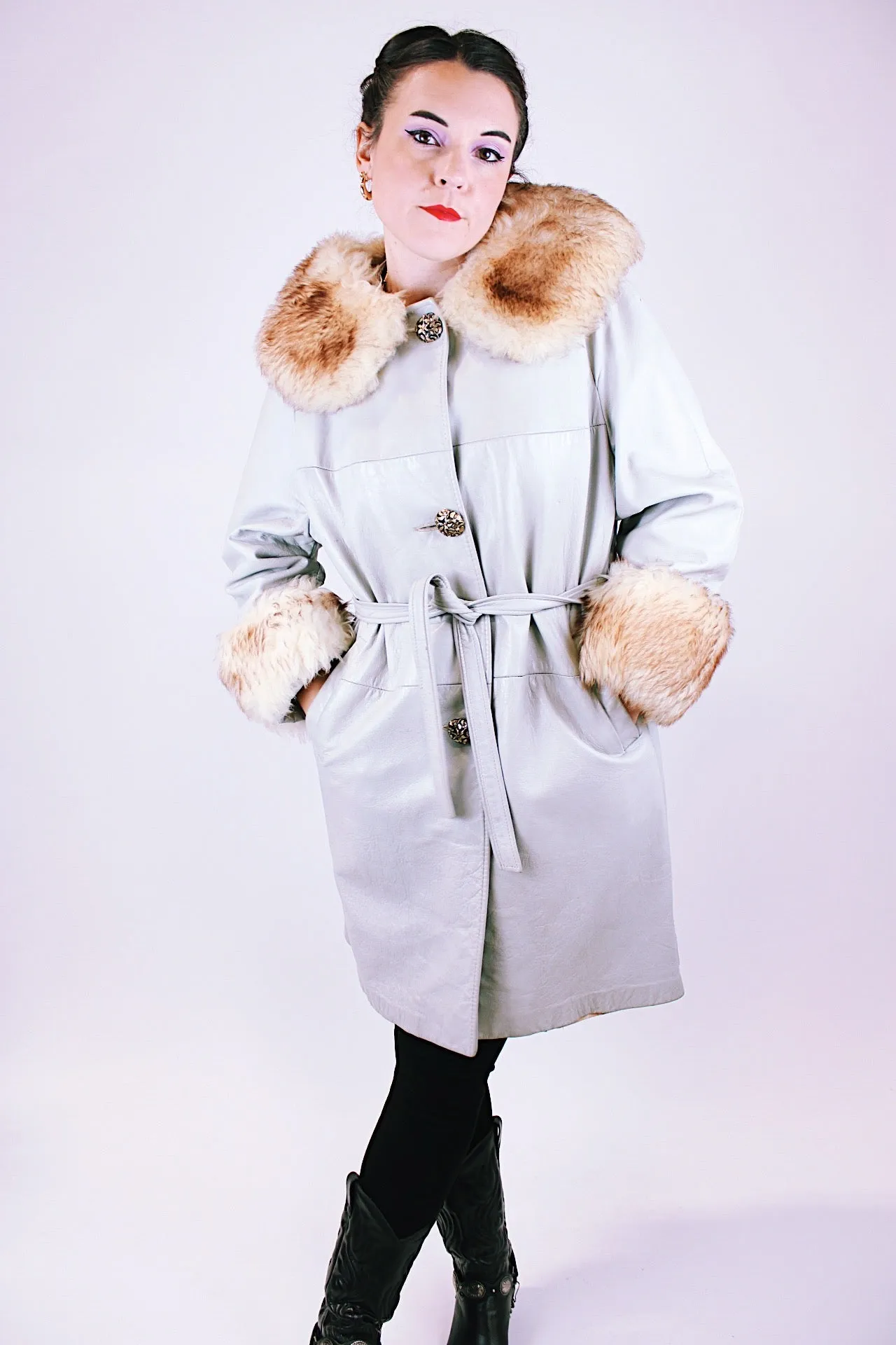Leather Coat with Faux Fur Trim